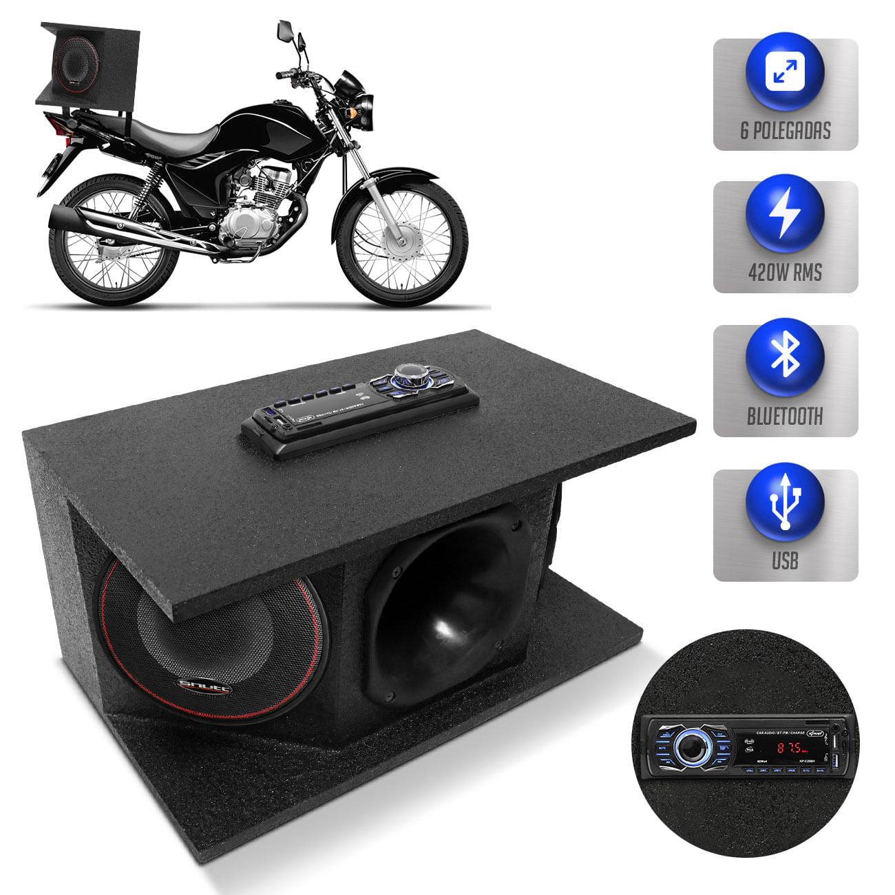 Caixa Som Propaganda Shutt Loud Voice 420W RMS Som Potente Bike Bicicleta Moto Player Bluetooth USB