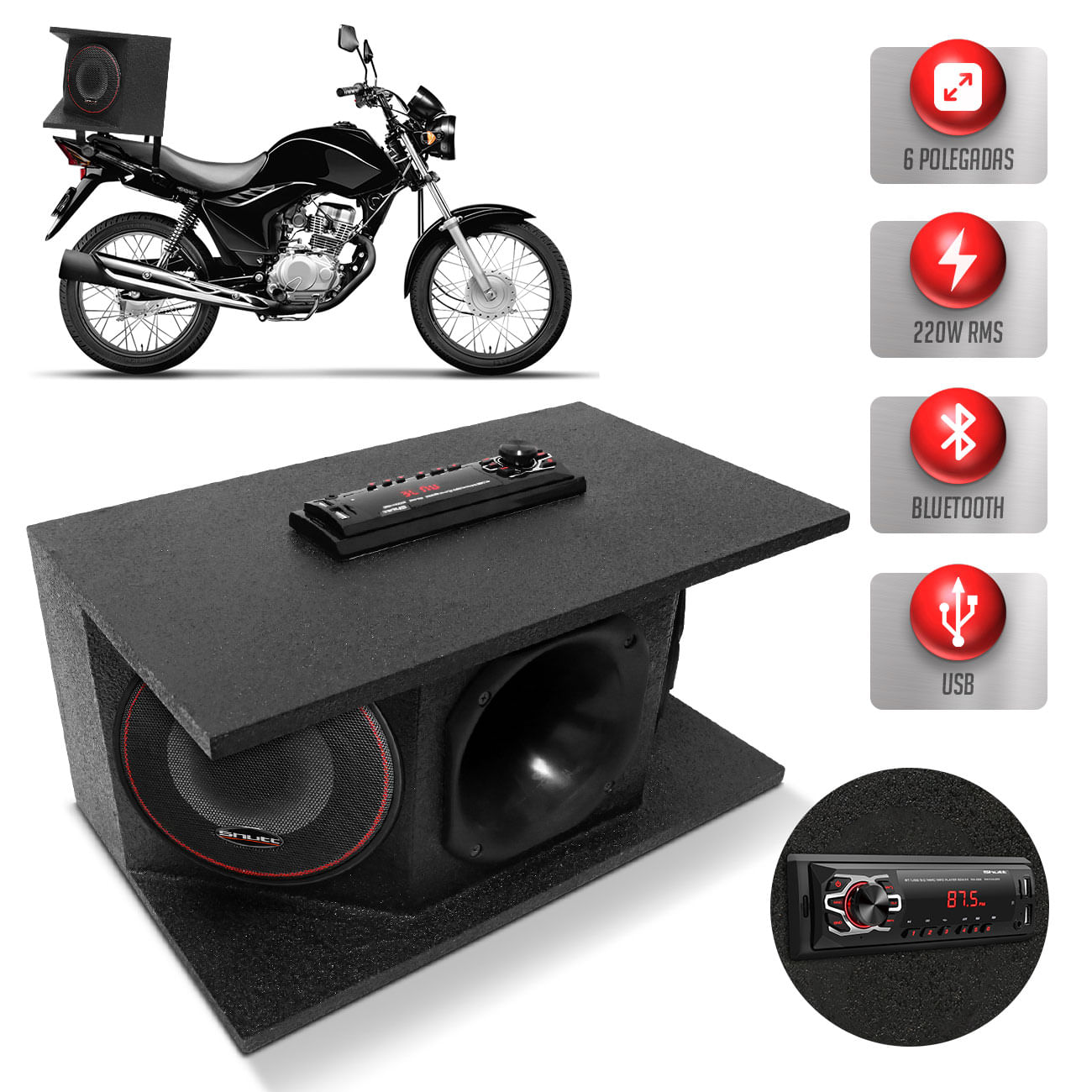 Caixa Som Shutt Loud Voice 220W RMS Propaganda Moto Bike Player Mp3 Bluetooth USB SD RCA Entrada P2
