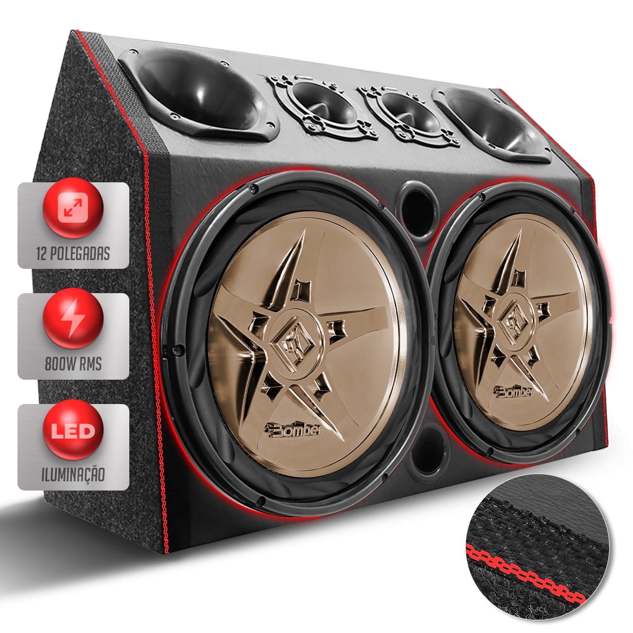 Caixa De Som Igrejinha Trio Automotivo Subwoofer Bomber Edge 12 Pol 800w RMS Carro Pancadão LED Neon