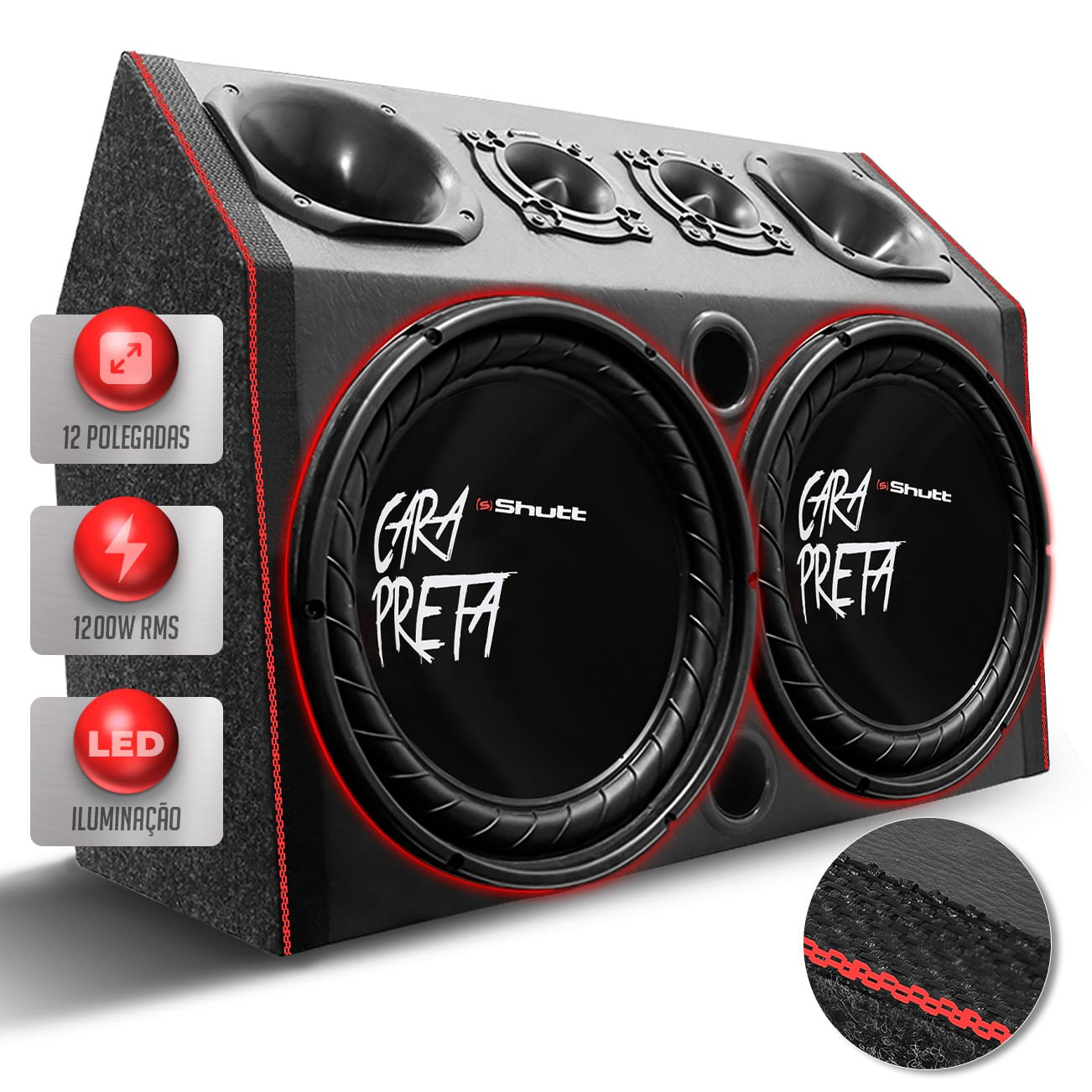 Caixa Som Igrejinha Trio Automotivo Shutt Subwoofer Cara Preta 12 Pol 1200w RMS Grave Forte LED Neon