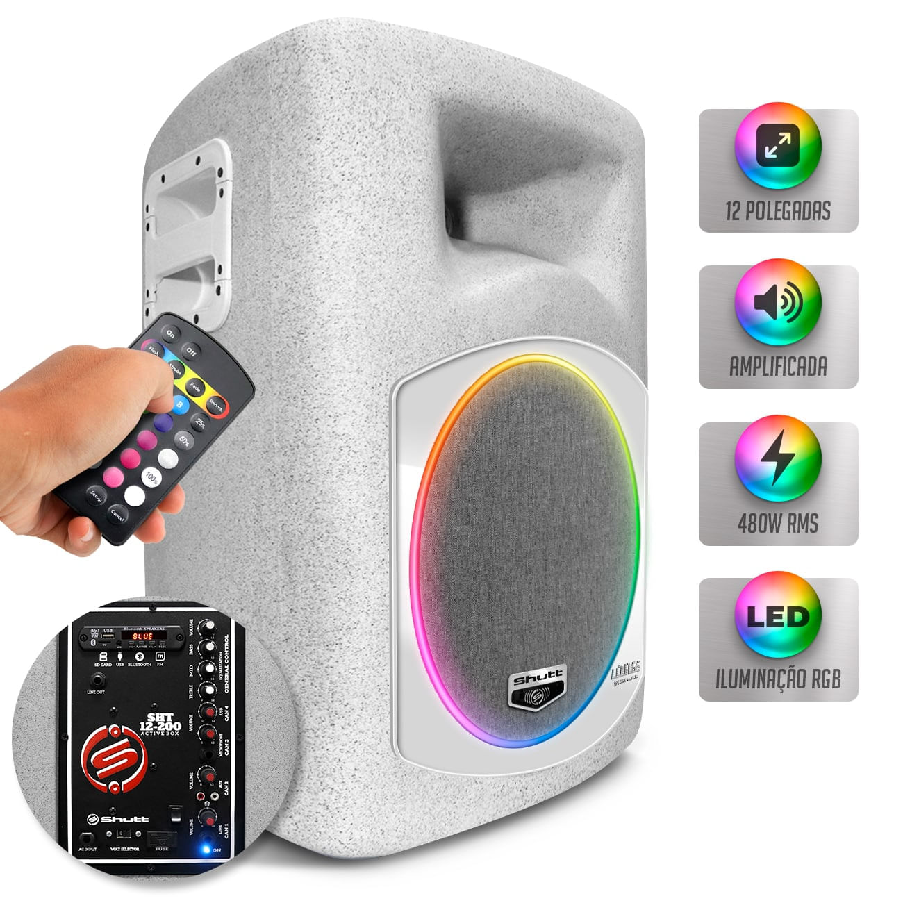 Caixa De Som Ativa Shutt Retrô RGB 480w Woofer Xplode 12 Pol Driver Titânio Bivolt Bluetooth USB