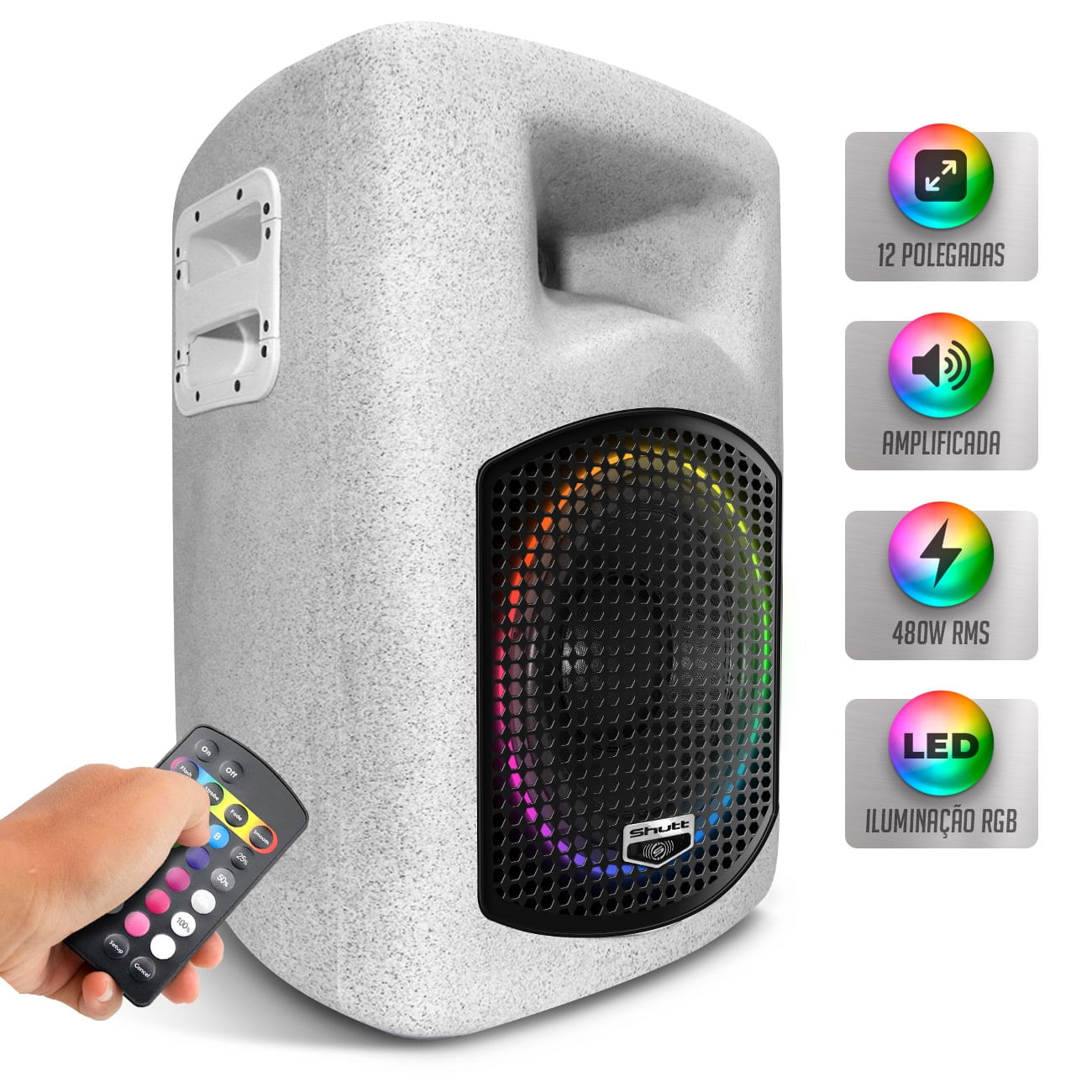 Caixa Som Ativa Led Rgb 480w RMS Shutt Xplode 12 Pol Bivolt 110v 220v Retorno Igreja Ambiente Preto
