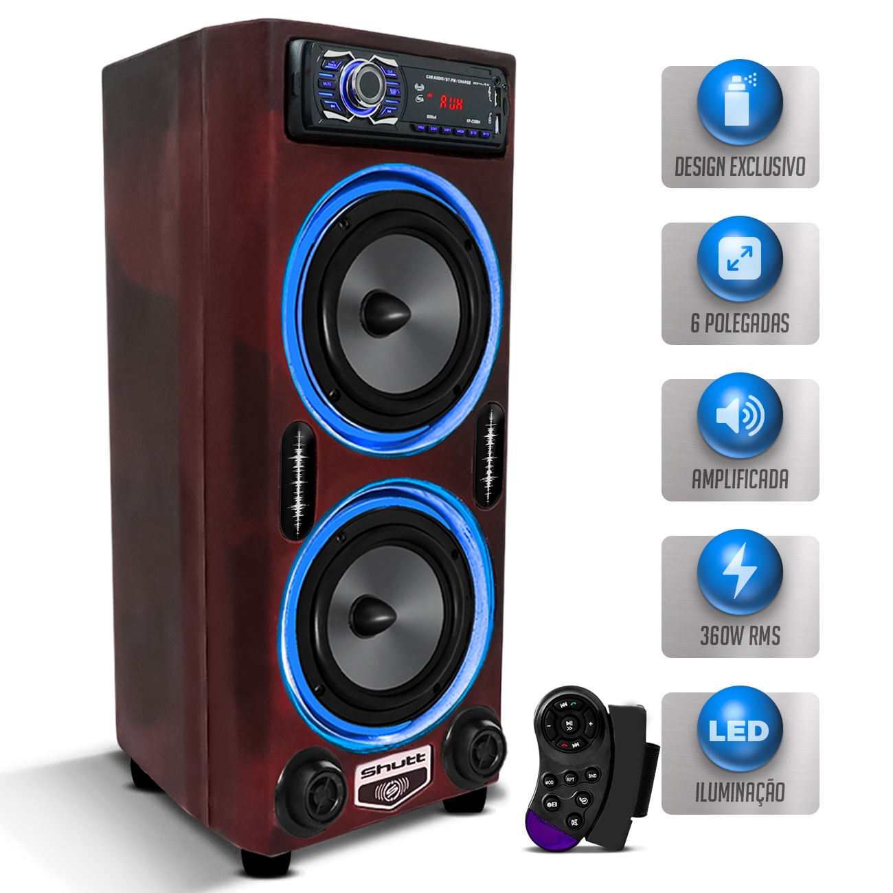 Encontraproduto.com.br - Caixa De Som Bob Residencial Shutt 360w RMS Subwoofer 6 Polegadas + Player Bluetooth USB Bivolt LED