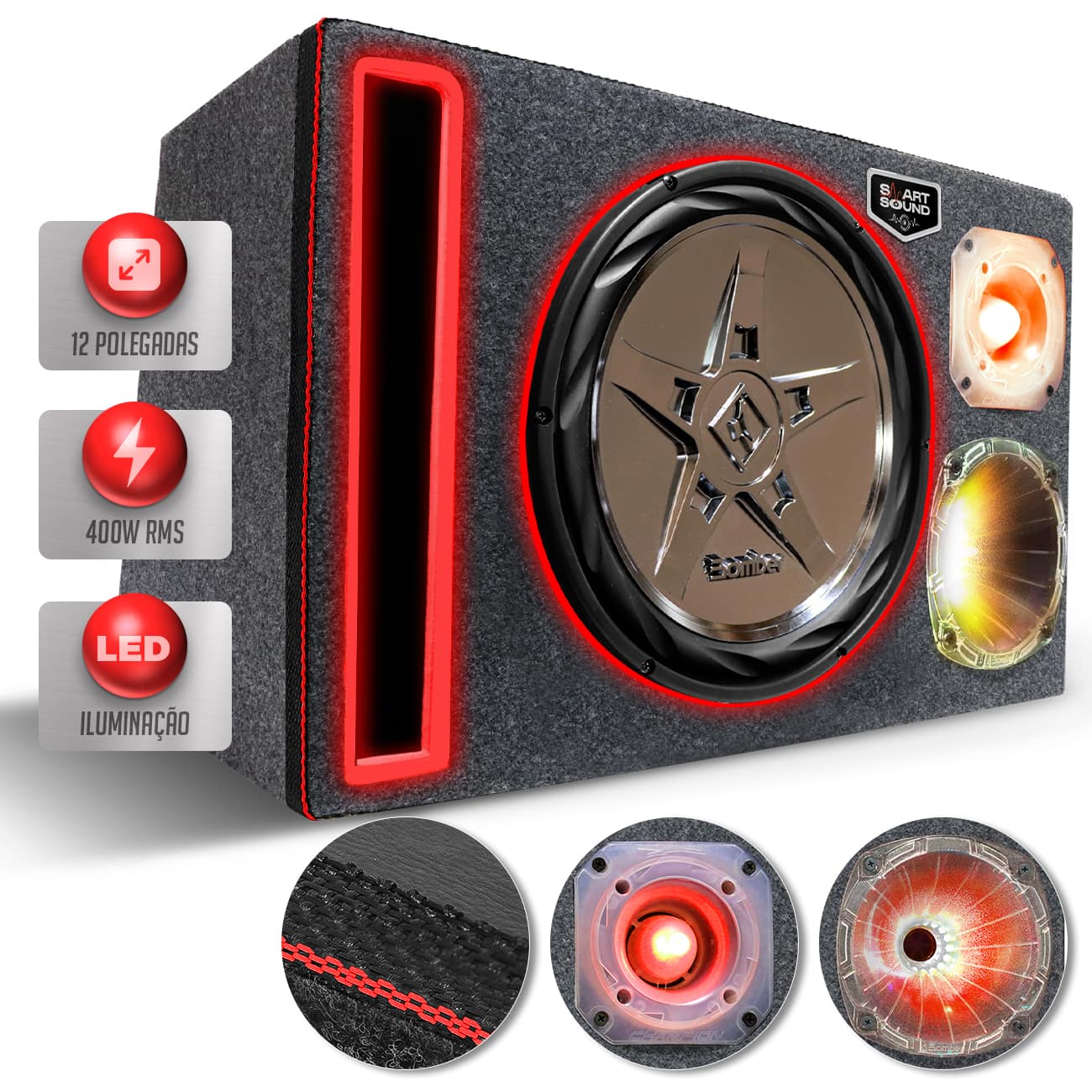 Caixa De Som Trio Automotivo Full Led Subwoofer Bomber New Edge 12 Polegadas 400w RMS Neon Duto Régu