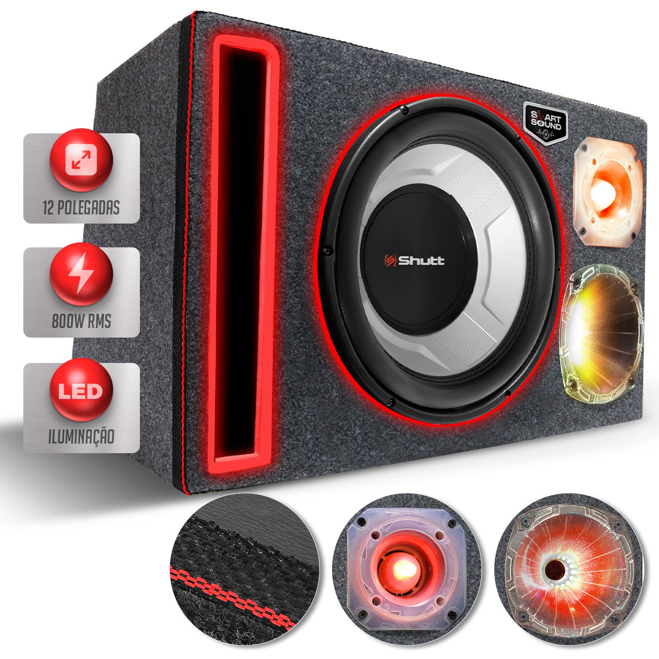 Caixa De Som Trio Automotivo Shutt Full Led Subwoofer 4D4 12 Polegadas 800w RMS Neon Duto Régua