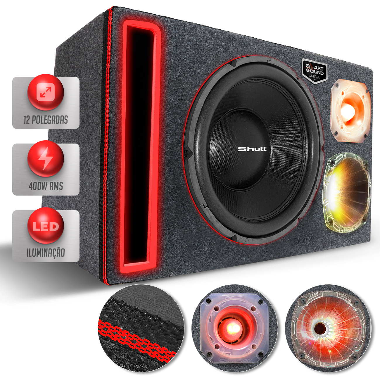 Caixa De Som Trio Shutt Full LED 400w RMS Subwoofer 12 Pol Duto Régua LED + Corneta RGB + Driver LED