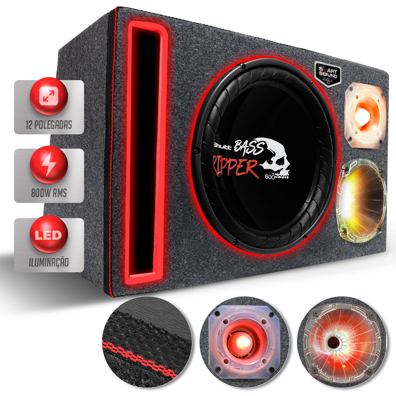 Caixa De Som Trio Automotivo 800w Subwoofer 12 Pol Shutt Ripper Neon Duto Régua Full LED Grave Forte