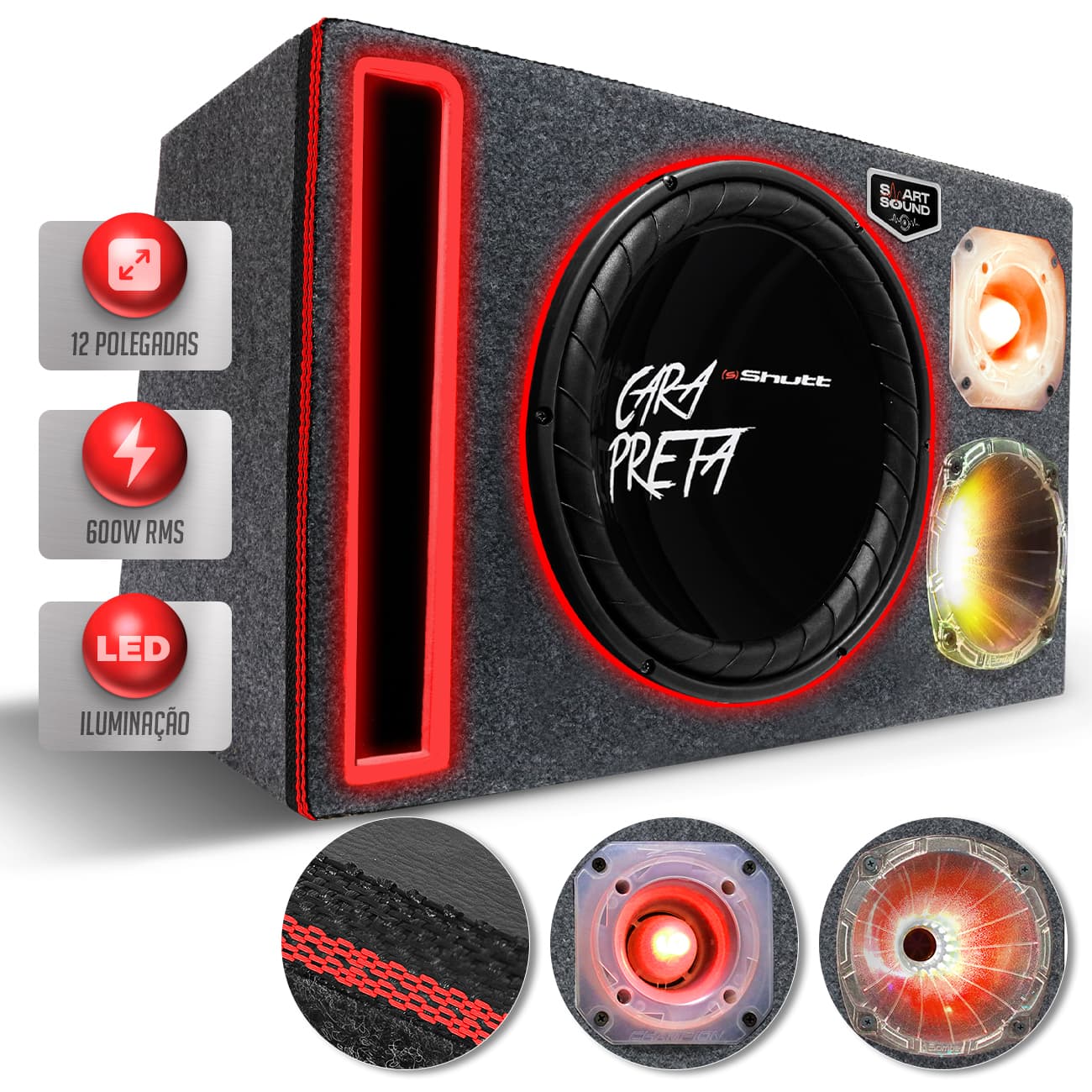 Caixa De Som Trio Automotivo 600w Subwoofer 12 Polegadas Shutt Cara Preta Neon Duto Régua Full LED
