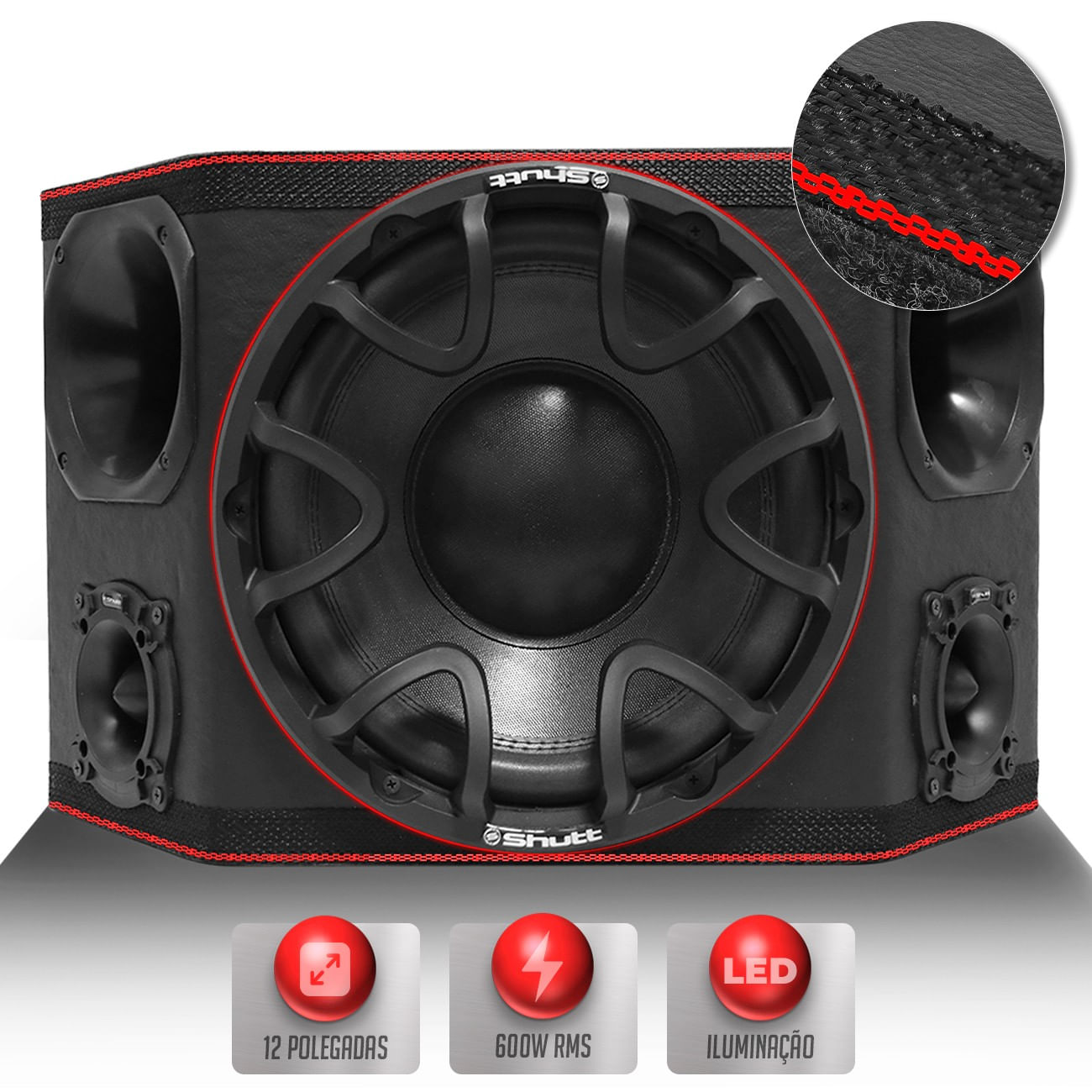 Caixa De Som Trio Automotivo Shutt Three Side 600w RMS Subwoofer 12 Pol Grave Forte LED Neon Dutada
