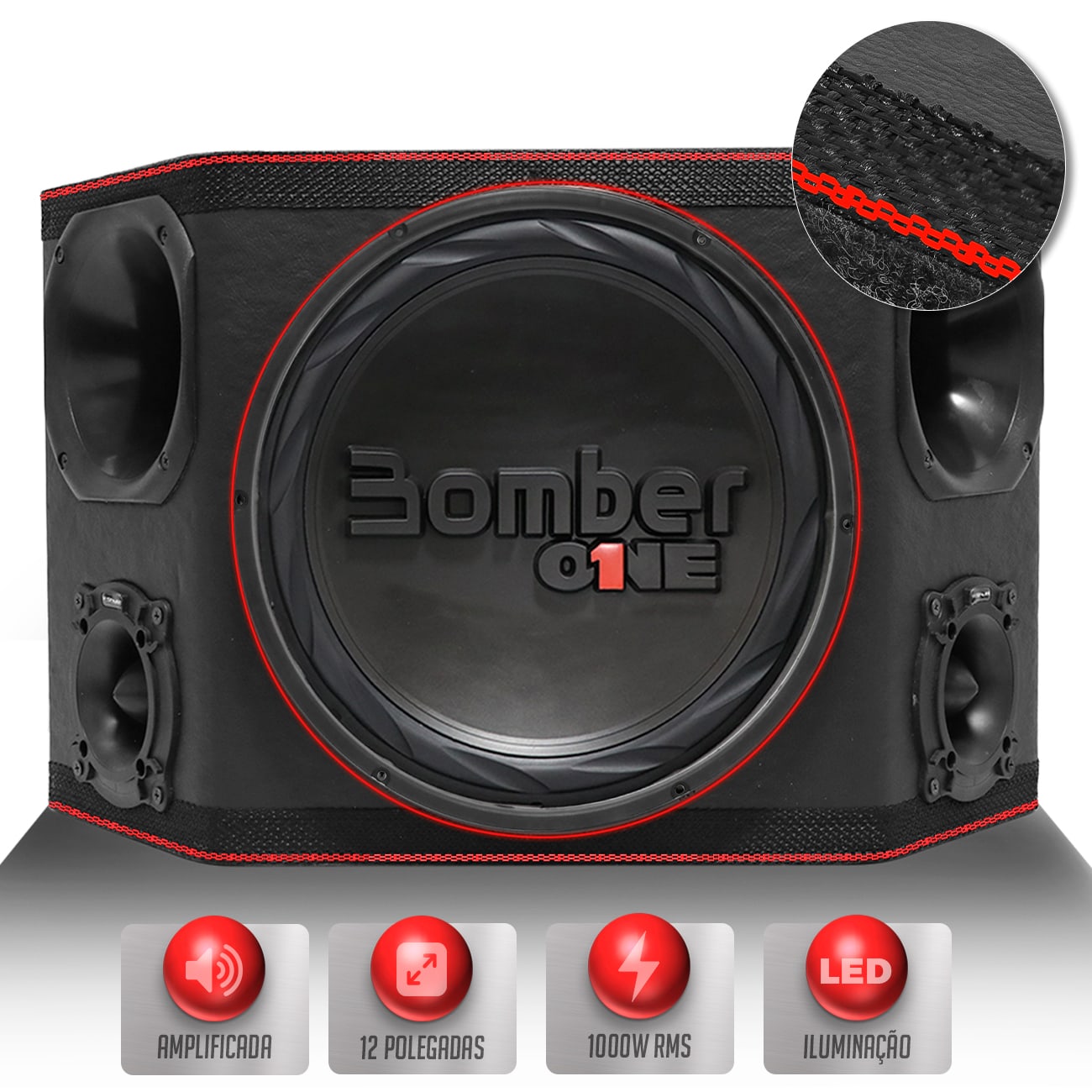 Caixa Som Trio Automotivo Amplificada Bomber 1000W RMS Subwoofer 12 Pol One + Driver + Tweeter LED