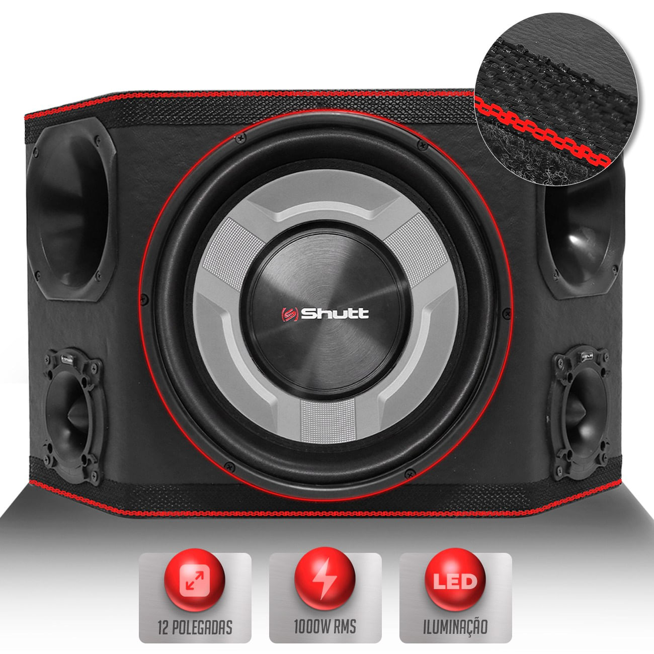 Caixa Som Trio Automotivo Three Side Shutt 1000w RMS Subwoofer 12 Pol 4D4 + 2 Driver + 2 Tweeter LED