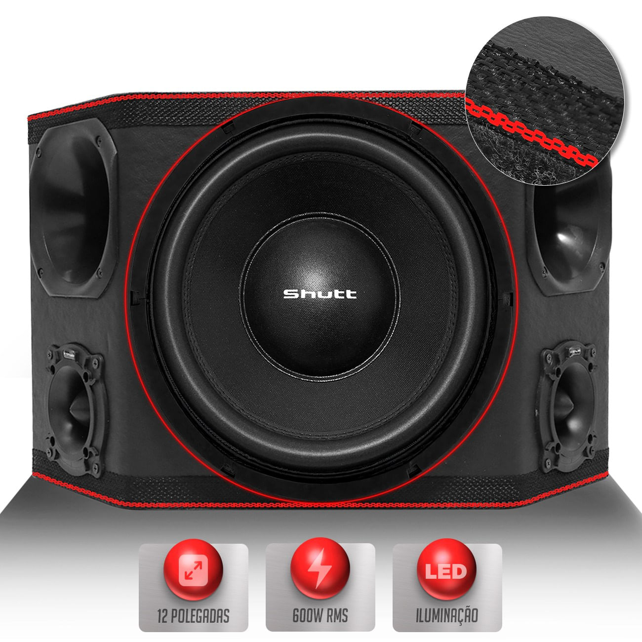 Caixa Som Trio Automotivo Three Side Shutt 600w RMS Subwoofer 12 Pol + 2 Driver + 2 Tweeter LED