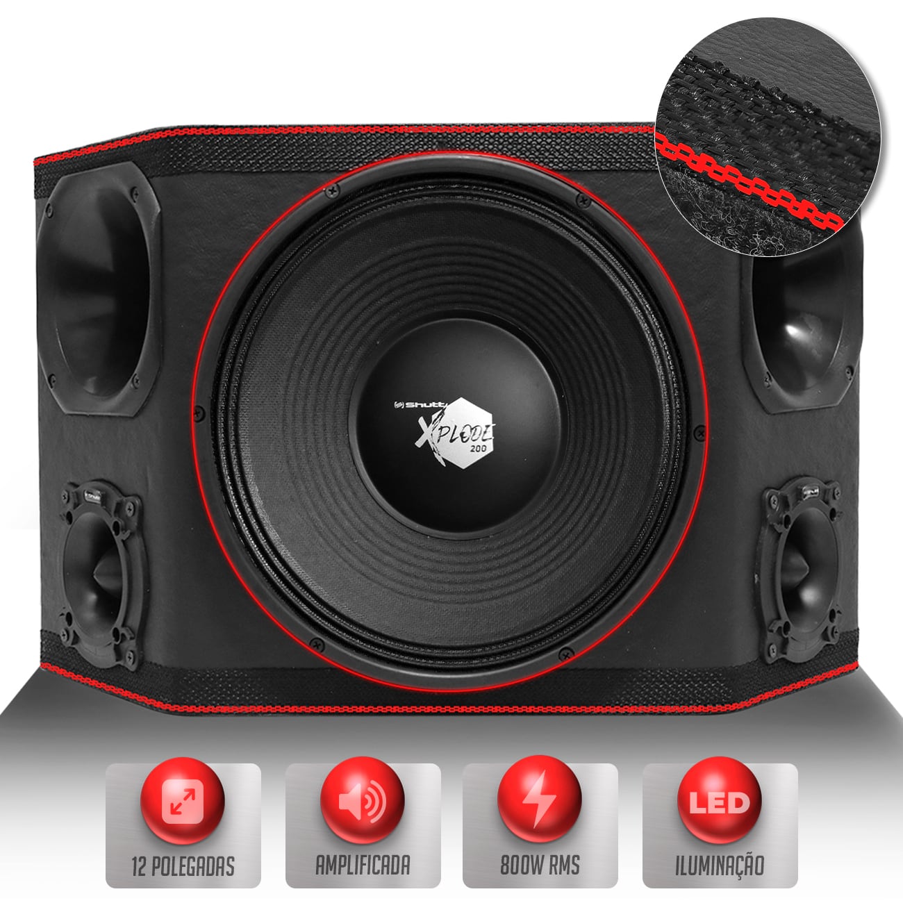 Caixa Som Trio Amplificada Shutt Three Side 800w RMS Woofer Xplode 12 Pol + 2 Driver + 2 Tweeter LED
