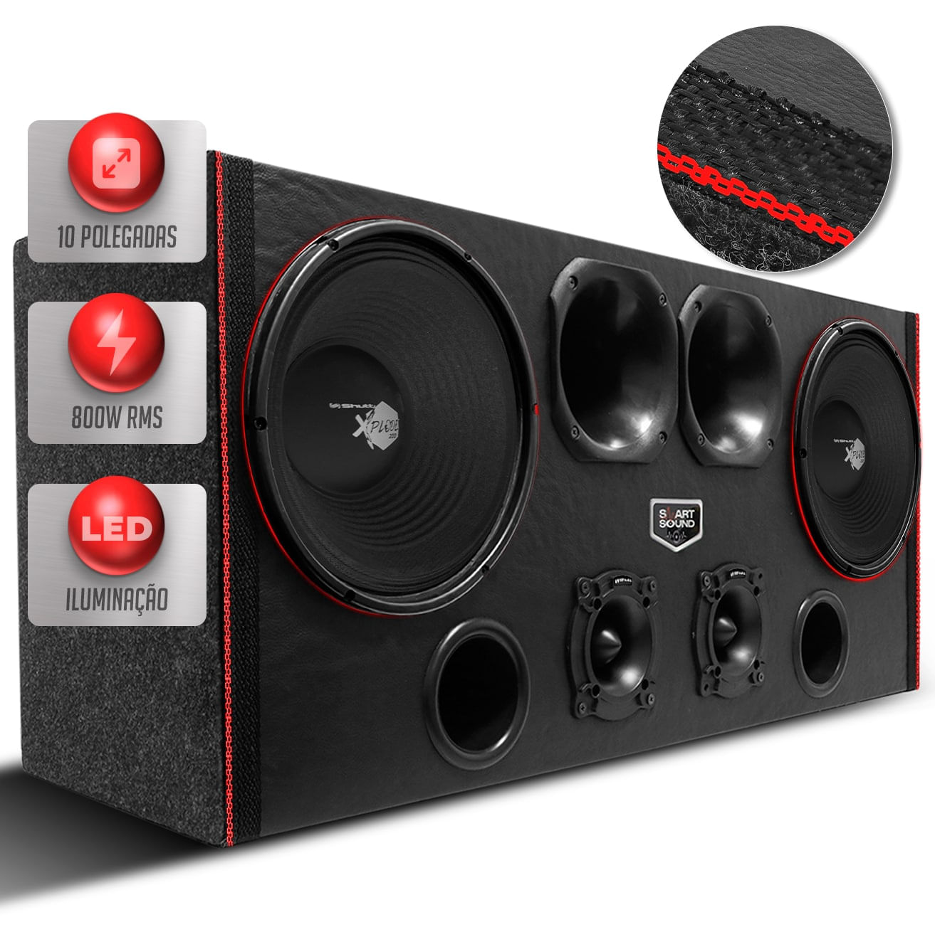 Encontraproduto.com.br - Caixa De Som Trio Shutt 800w 2 Woofer Xplode 10 Pol 2 Driver 2 Tweeter Porta Mala Toca Muito LED