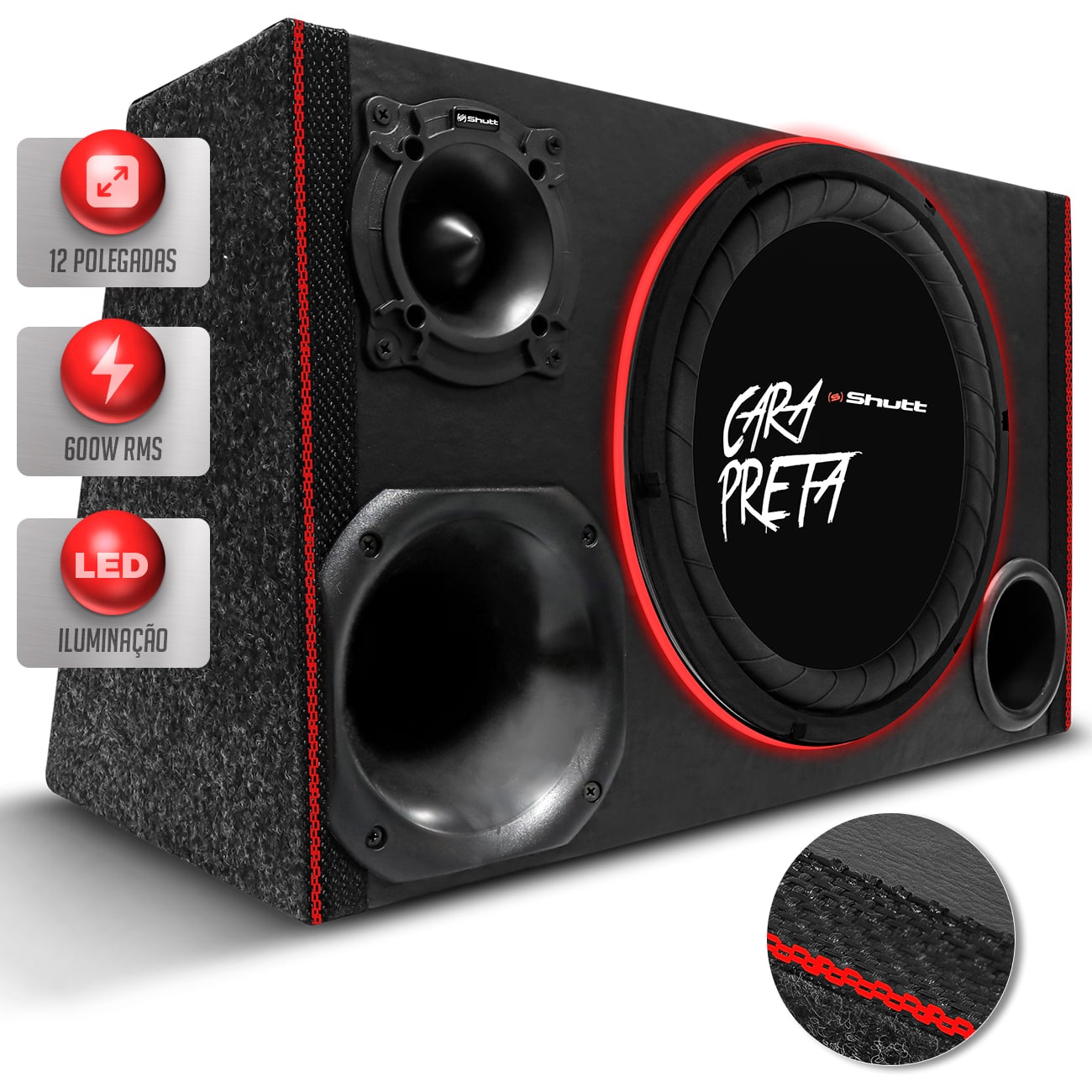Caixa De Som Trio Automotivo Shutt Sub Cara Preta 12 Polegadas 600w RMS Grave Forte LED Neon