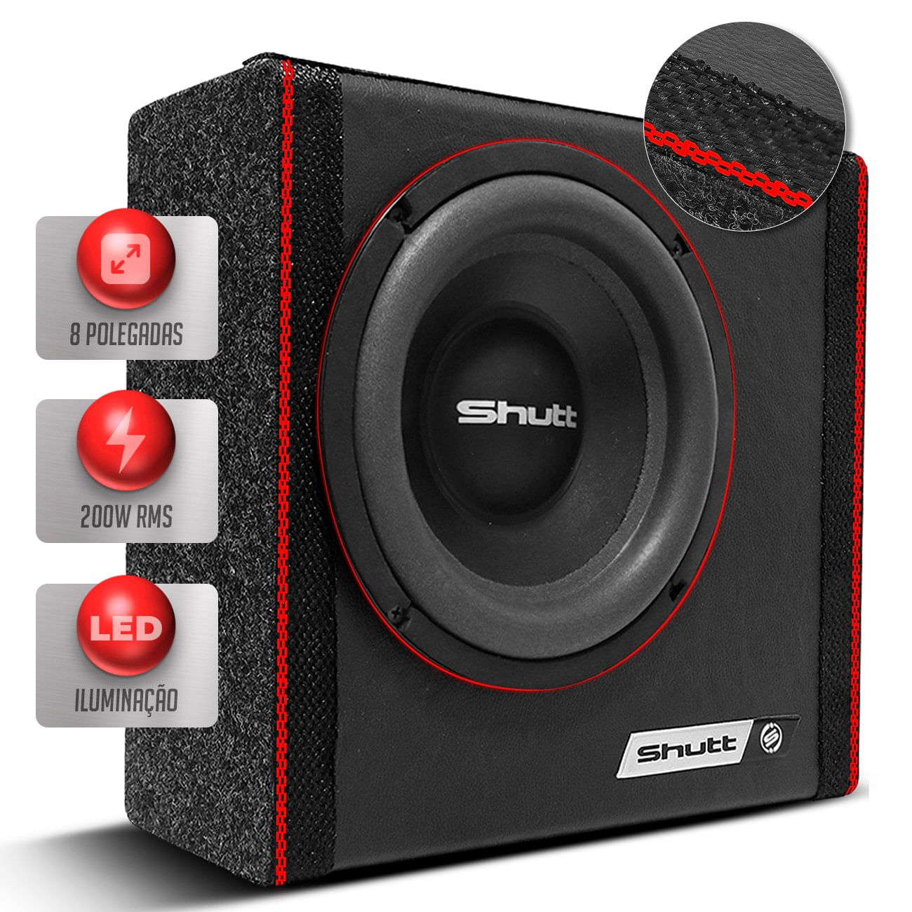 Caixa De Som Ultra Slim Automotivo Subwoofer Shutt 8 Pol 200w Bolinha Grave Embaixo Banco Carro Led