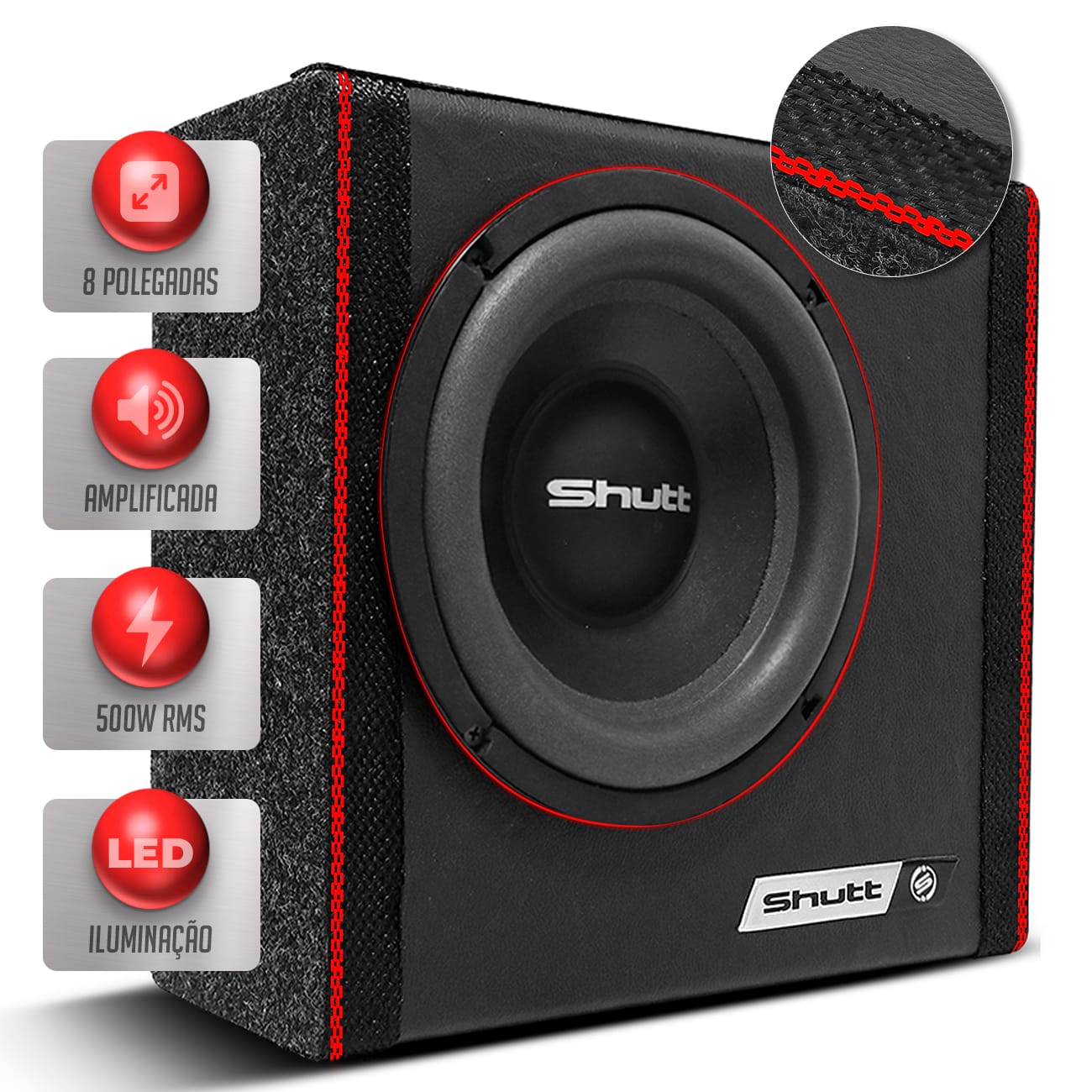 Caixa De Som Ultra Slim Amplificada Shutt 500w Subwoofer 8 Pol Bolinha Grave Embaixo Banco Carro Led