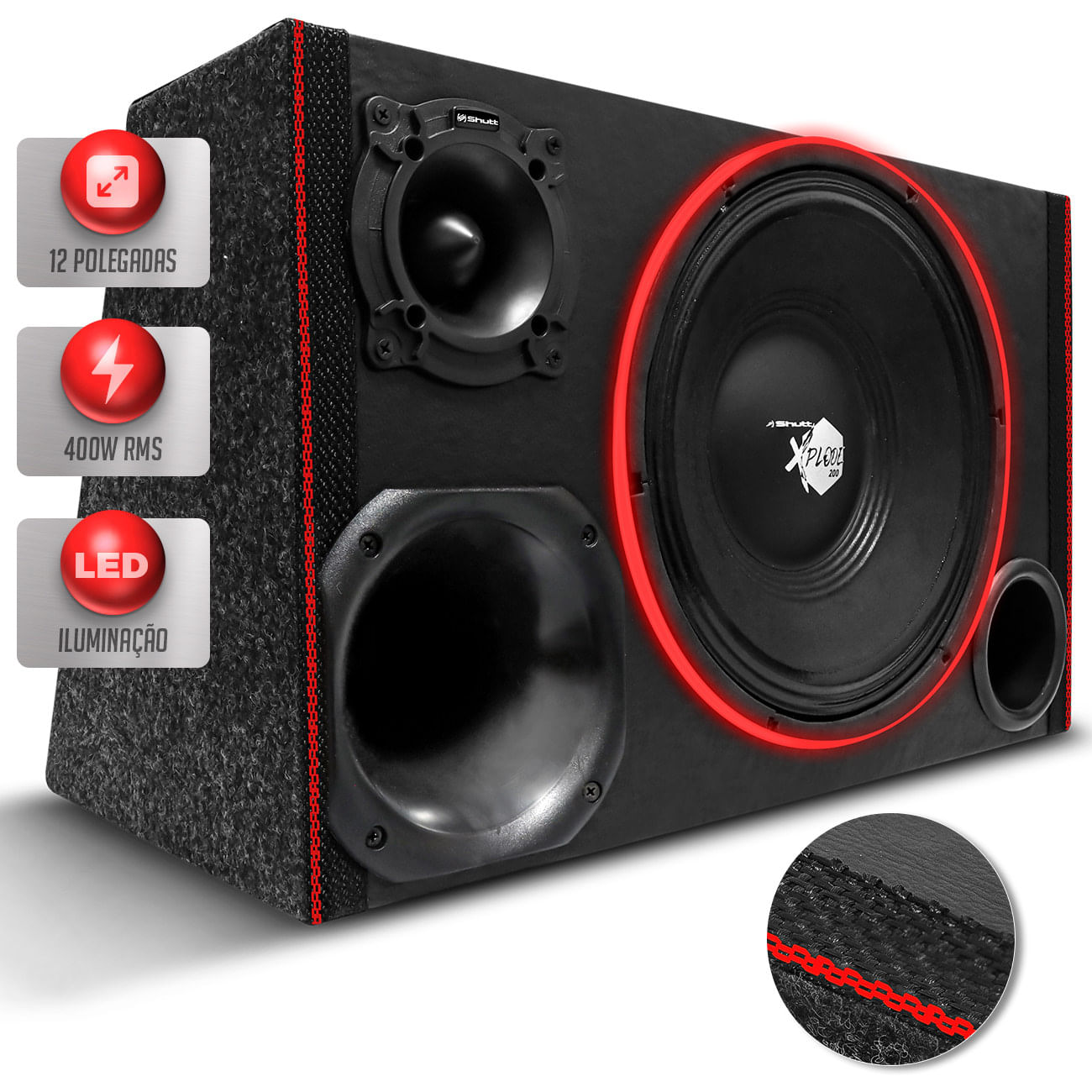 Caixa De Som Trio Automotivo Champion Woofer Xplode 12 Polegadas 400w RMS LED Neon