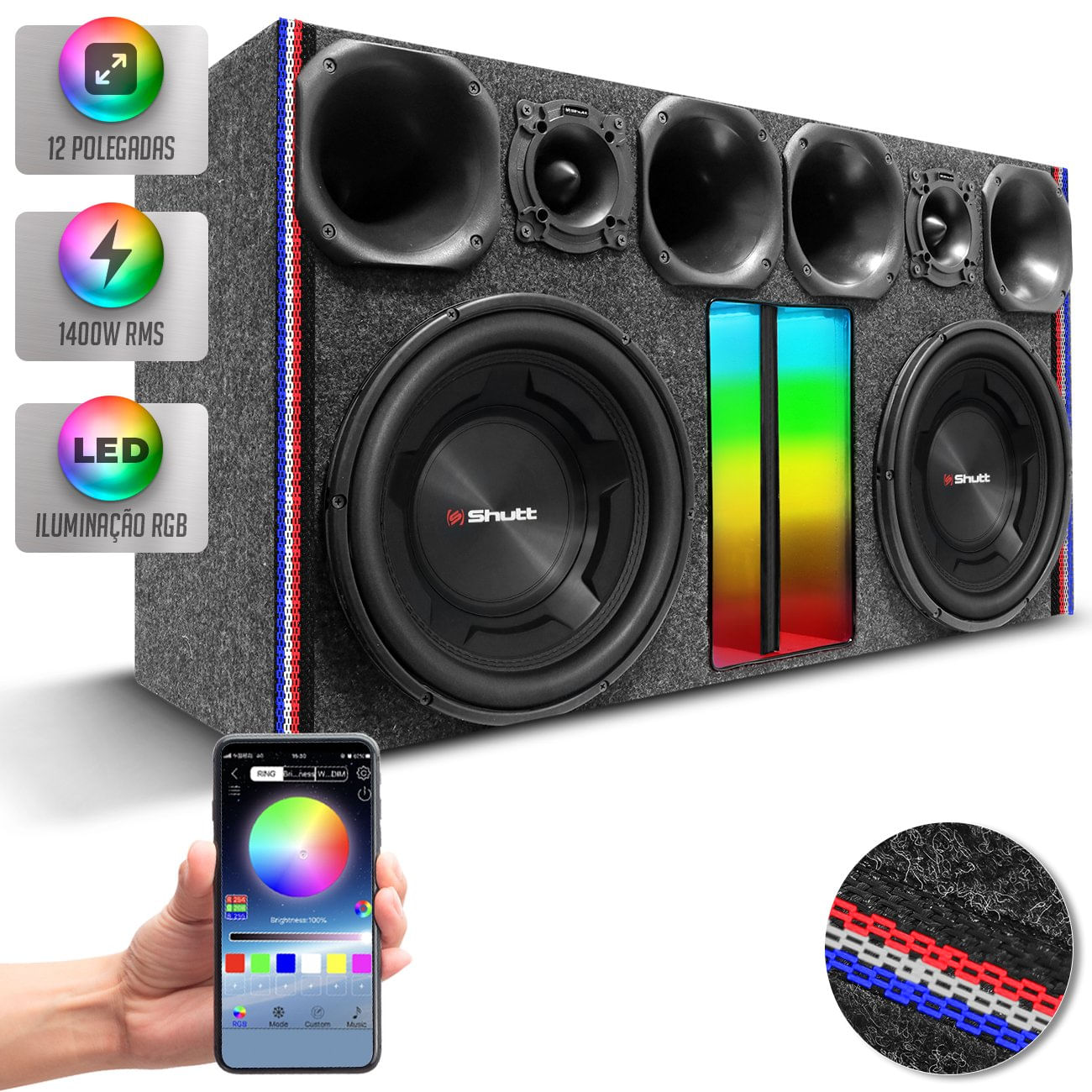 Caixa Som Trio Corneteira Automotiva Shutt 1400w RMS 2 Subwoofer 4D 12 Pol + 4 Driver + 2 Tweeter