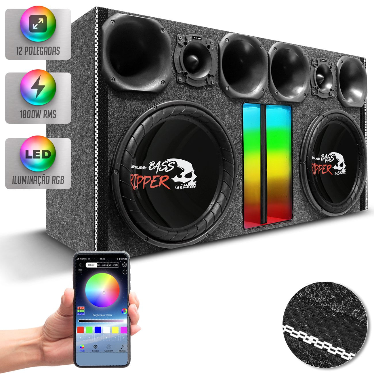 Caixa Som Trio Automotivo Shutt 1800w Subwoofer Ripper 12 Pol 4 Driver 2 Tweeter Duto Régua RGB LED