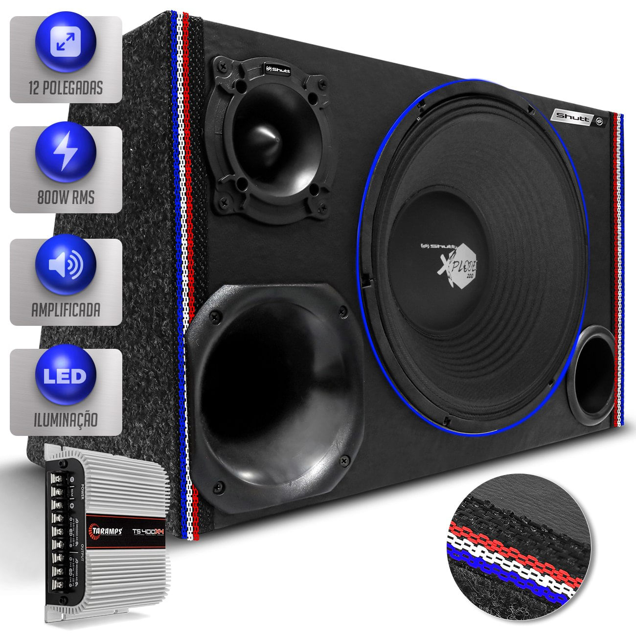 Encontraproduto.com.br - Caixa Som Trio Automotivo Shutt 800w RMS Woofer Xplode 12 Pol + Módulo Taramps Ts400 LED Neon Carro