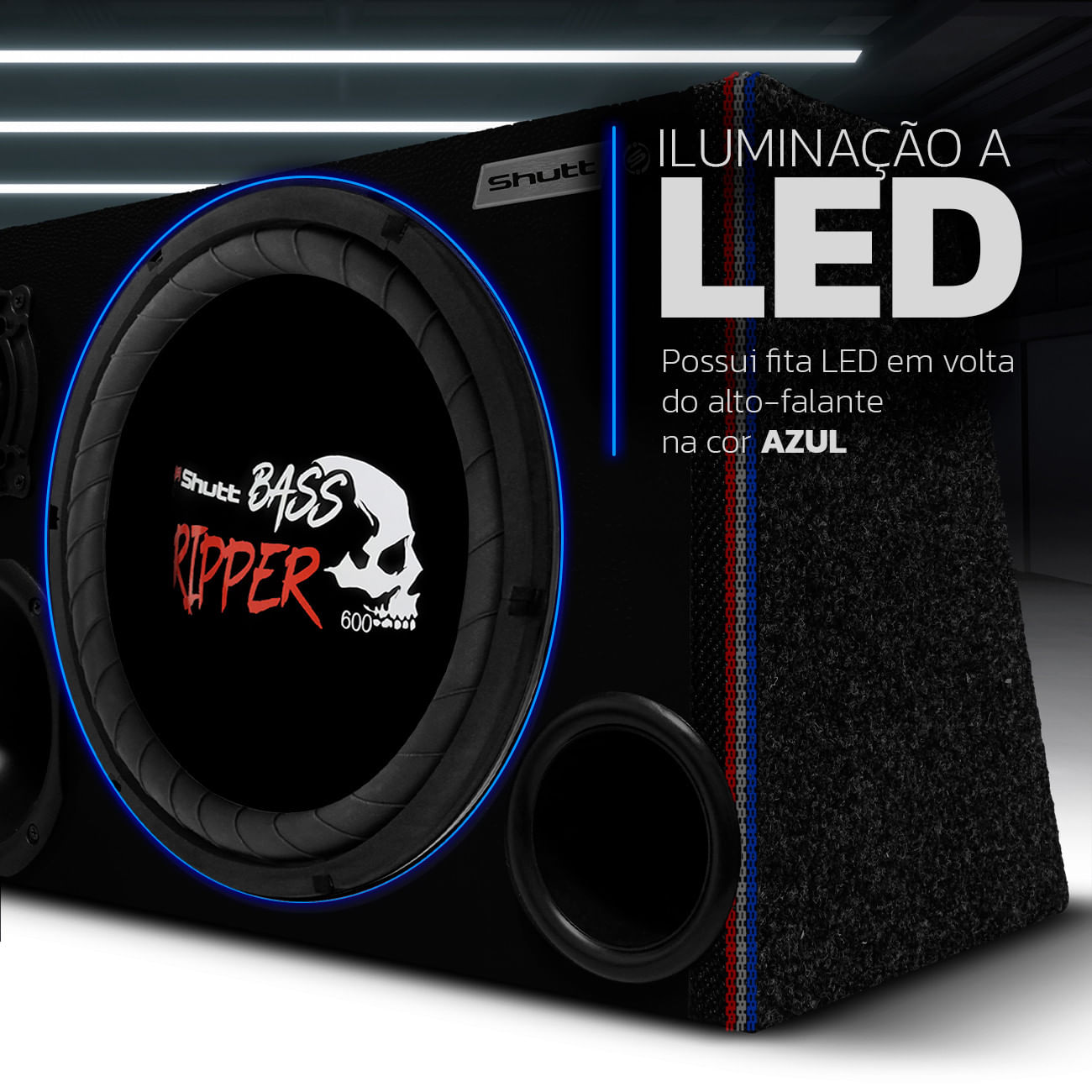 Caixa De Som Trio Automotivo Shutt 1200w Subwoofer 12 Pol Ripper Caveira + Módulo Taramps Ts400 Led