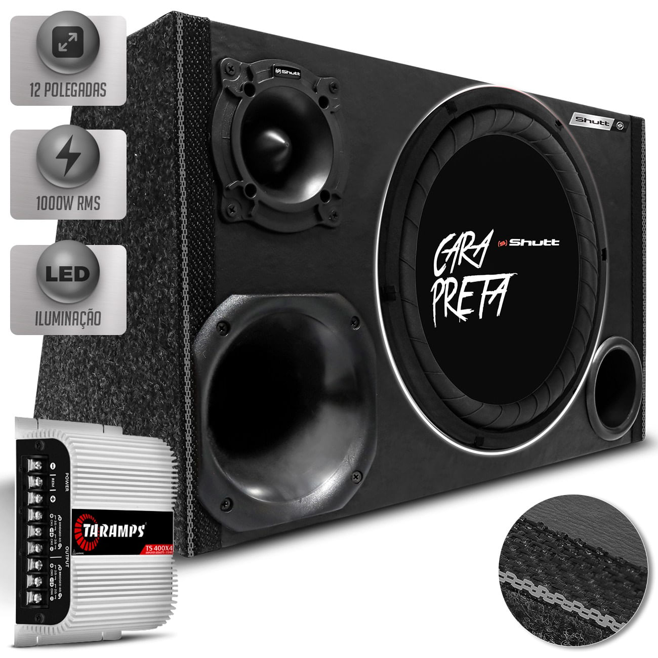 Caixa De Som Trio Champion Shutt 1000w Subwoofer 12 Pol Cara Preta + Módulo TS400 LED Neon