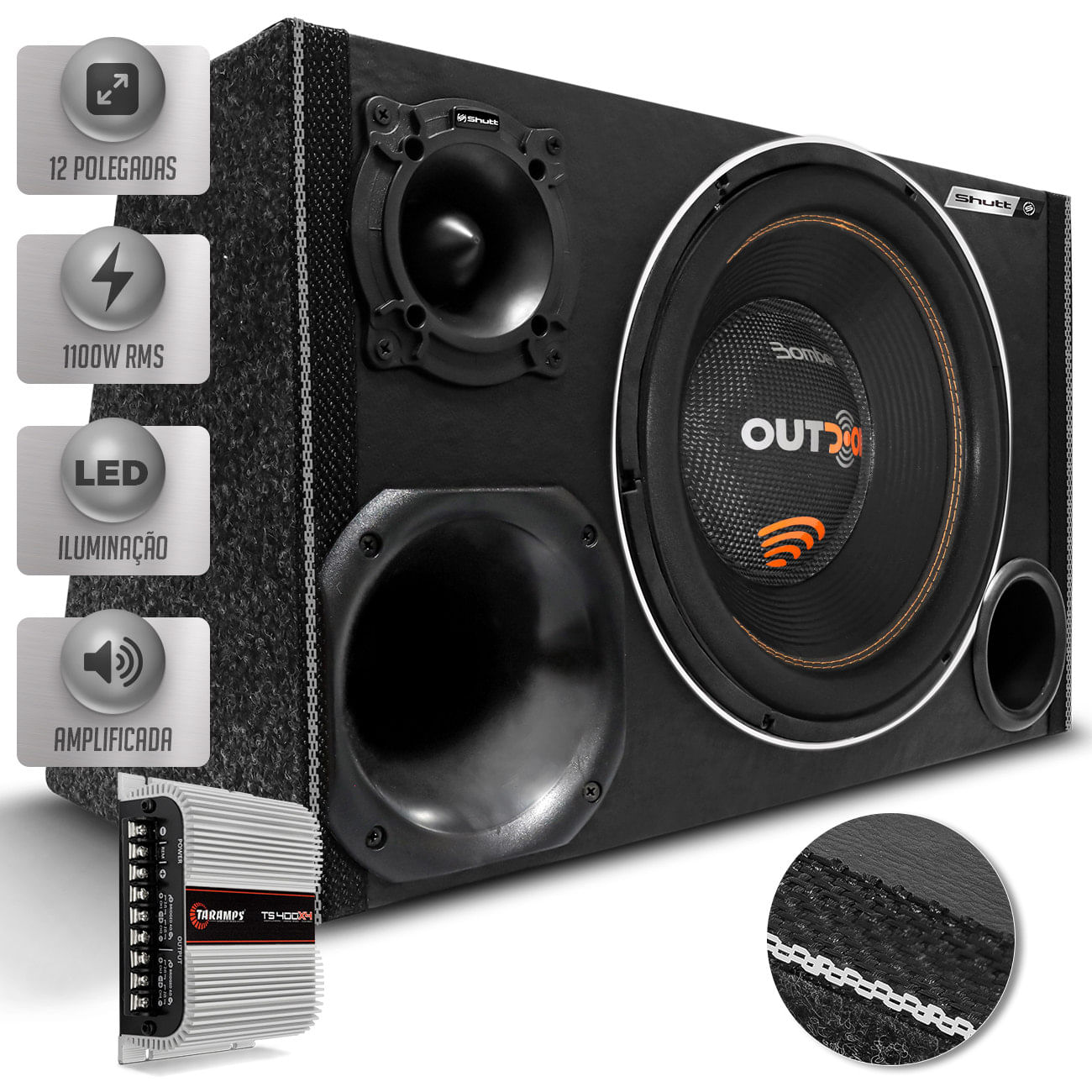 Caixa De Som Trio Automotivo Bomber 1100w Subwoofer 12 Pol Outdoor + Módulo Taramps Ts400 Led Neon