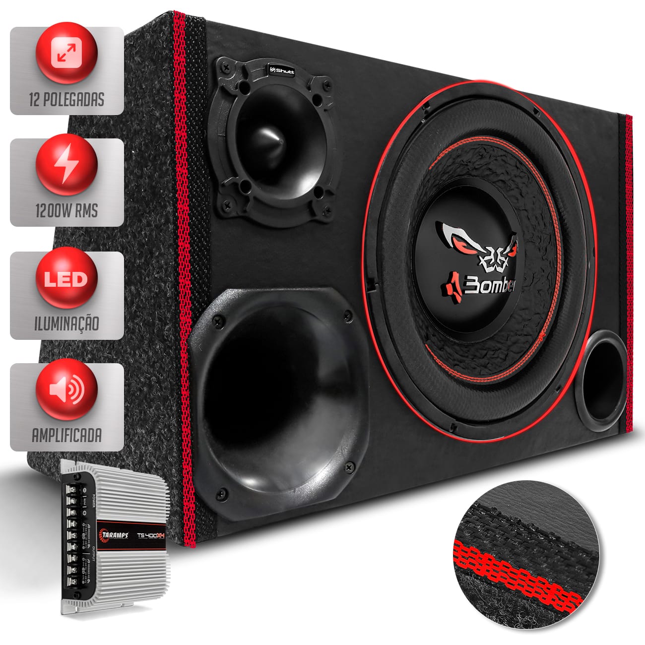 Caixa Som Trio Champion Bomber 1200w RMS Subwoofer Bicho Papão 12 Pol + Módulo TS400 Grave Forte LED