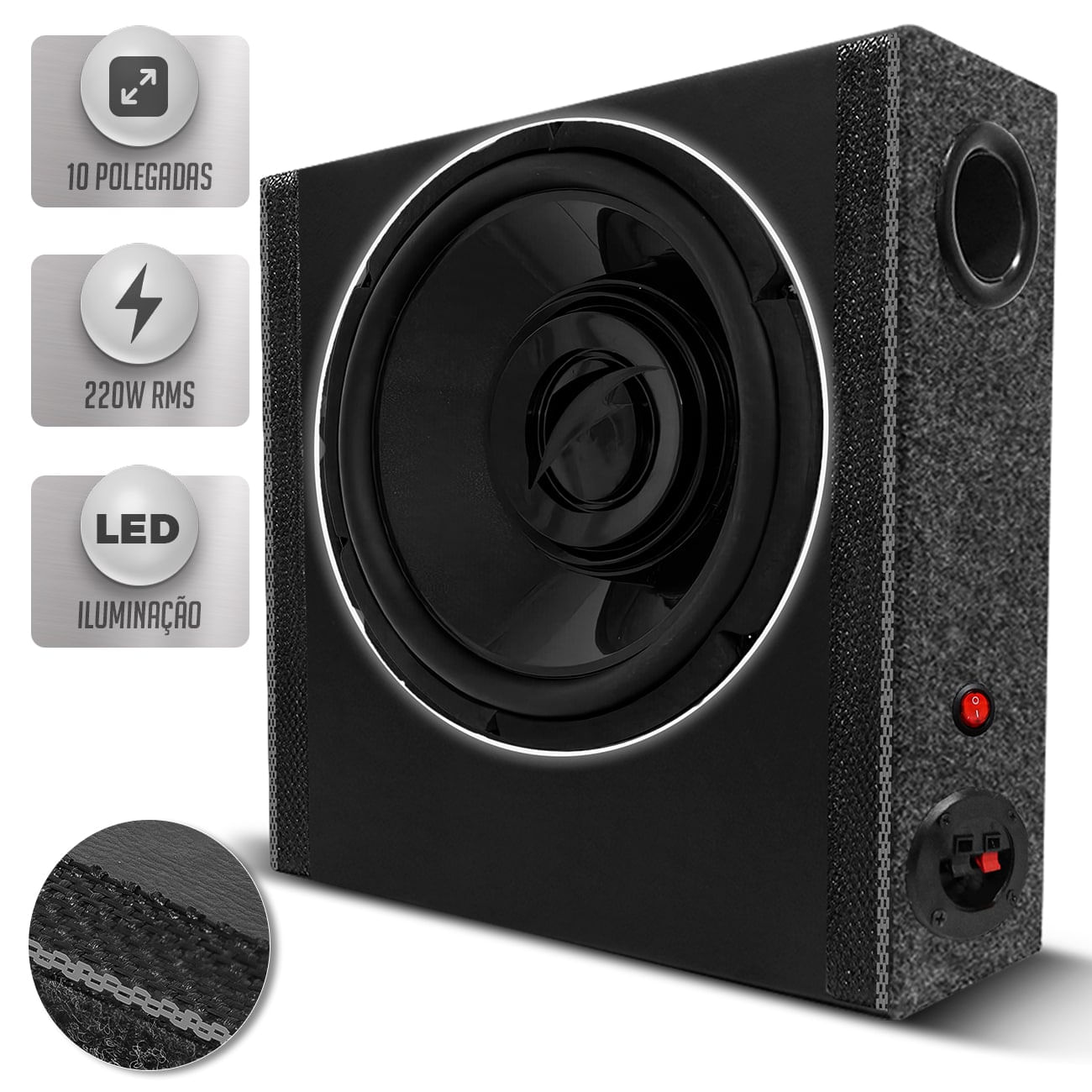 Caixa Som Slim Foxer 220w RMS Subwoofer 10 Pol Blackbird Grave Forte Pancadão Banco Carro LED