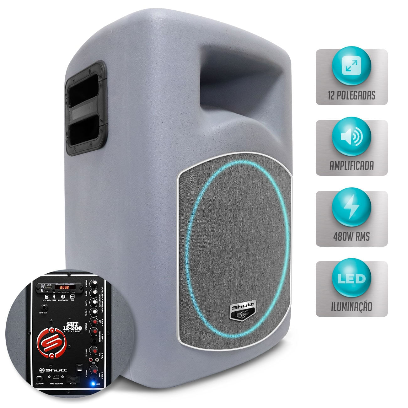 Caixa Som Shutt Ativa Bivolt 480W Subwoofer Connect 12 Pol + Driver Titanium Bluetooth USB LED