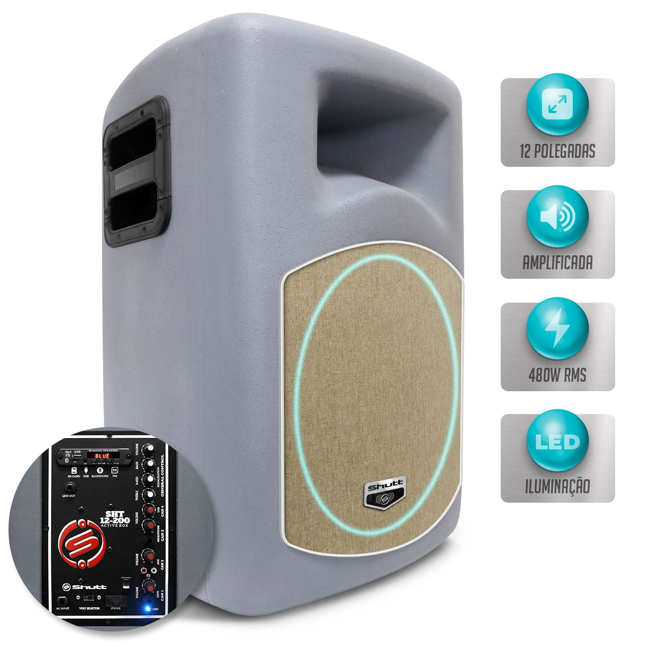 Caixa Som Shutt Ativa Bivolt 480W Subwoofer 12 Pol Connect + Driver Titanium Bluetooth USB LED