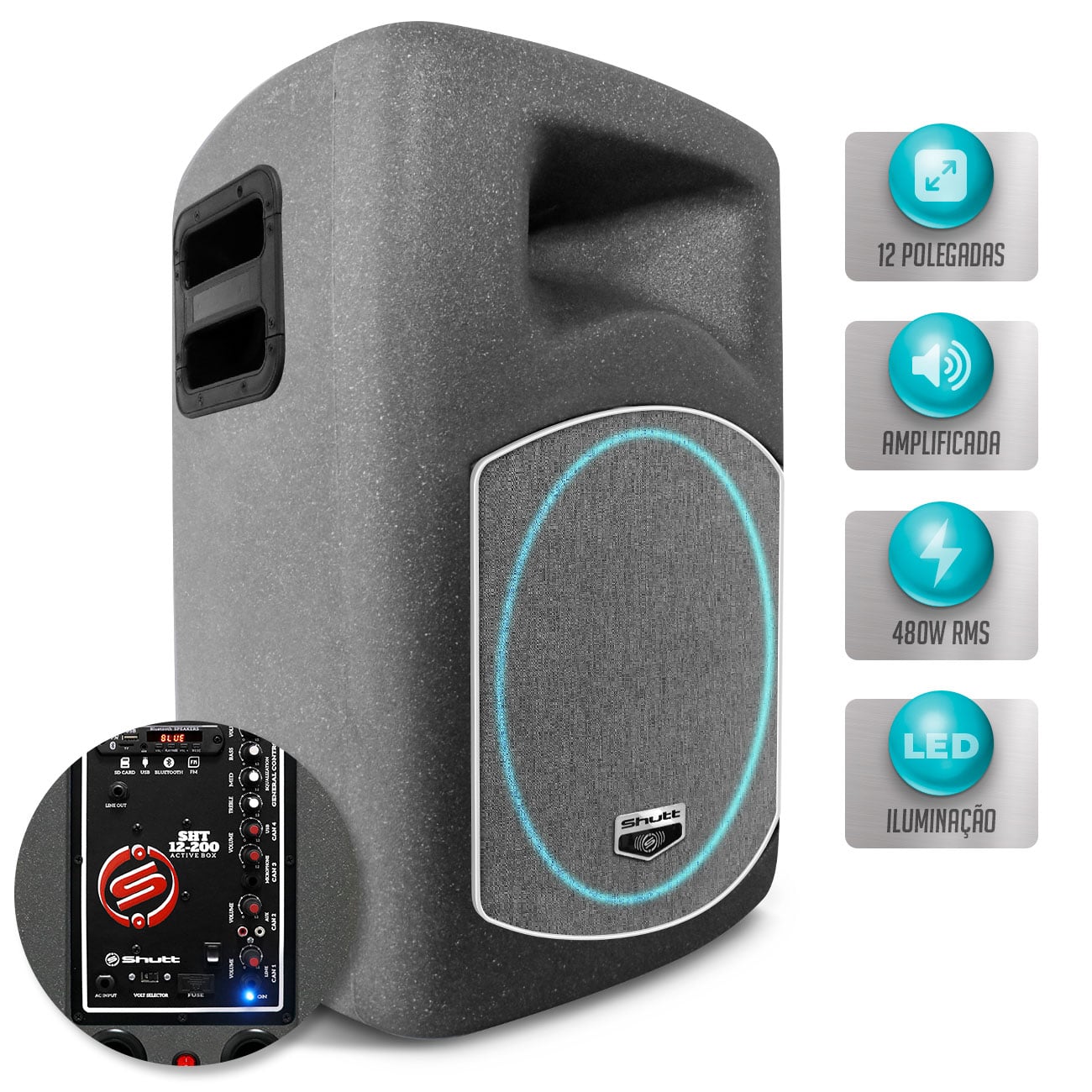 Caixa De Som Shutt Ativa Bivolt 480W Woofer 12 Pol Xplode + Driver Titanium Bluetooth USB SD P10 LED