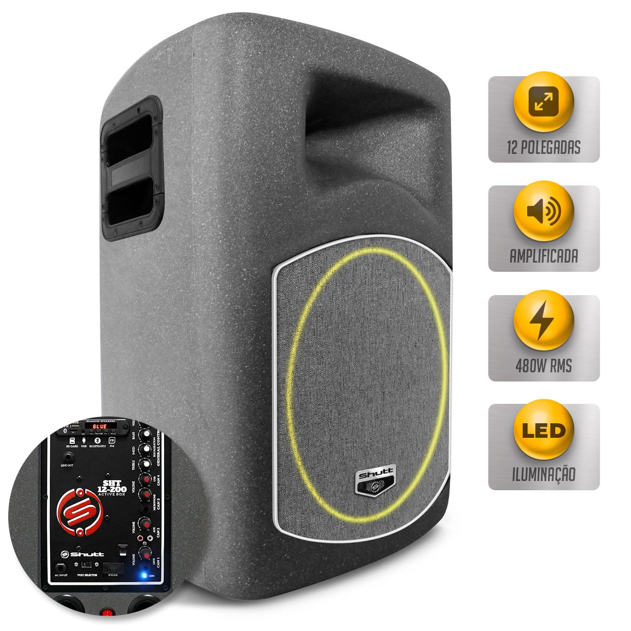 Encontraproduto.com.br - Caixa De Som Shutt Ativa 480W RMS Woofer 12 Pol Xplode + Driver Titanium USB Bluetooth SD Bivolt LED