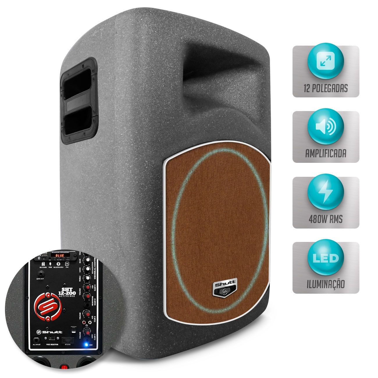Caixa Som Ativa Shutt 480W RMS Woofer 12 Pol Xplode + Driver Titanium USB Bluetooth SD Bivolt LED