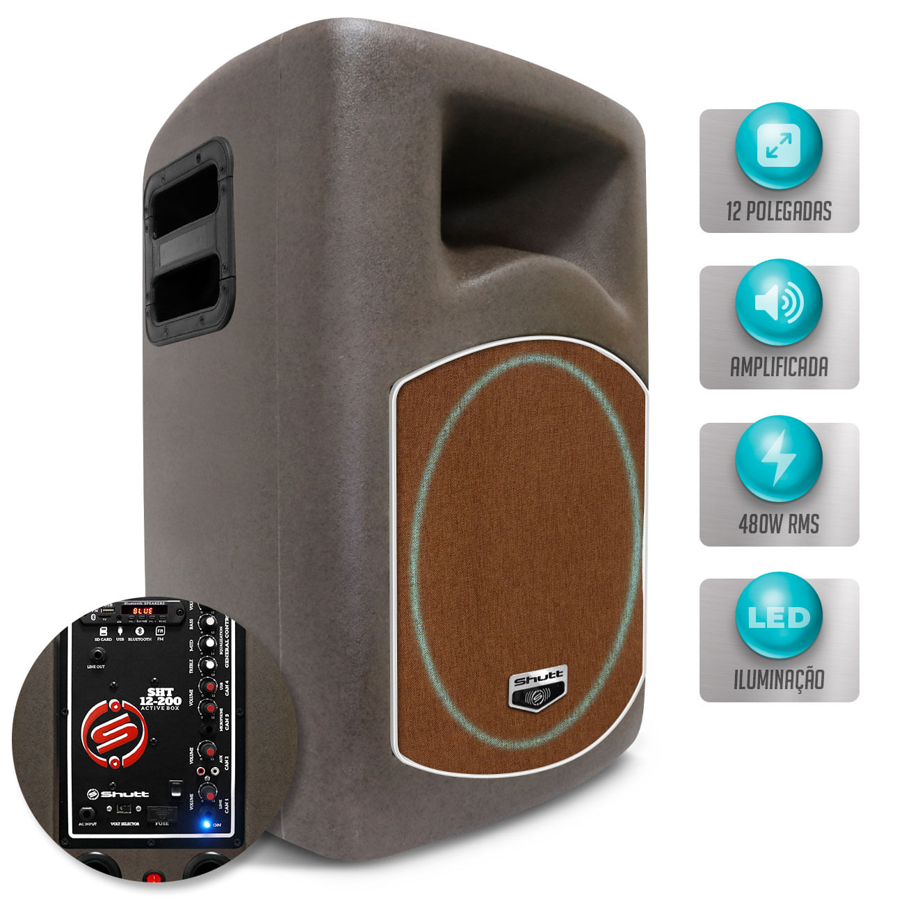 Caixa Som Ativa Shutt Retrô 480W RMS Bi Amplificada USB Bluetooth Rádio FM SD P10 Bivolt Retorno LED