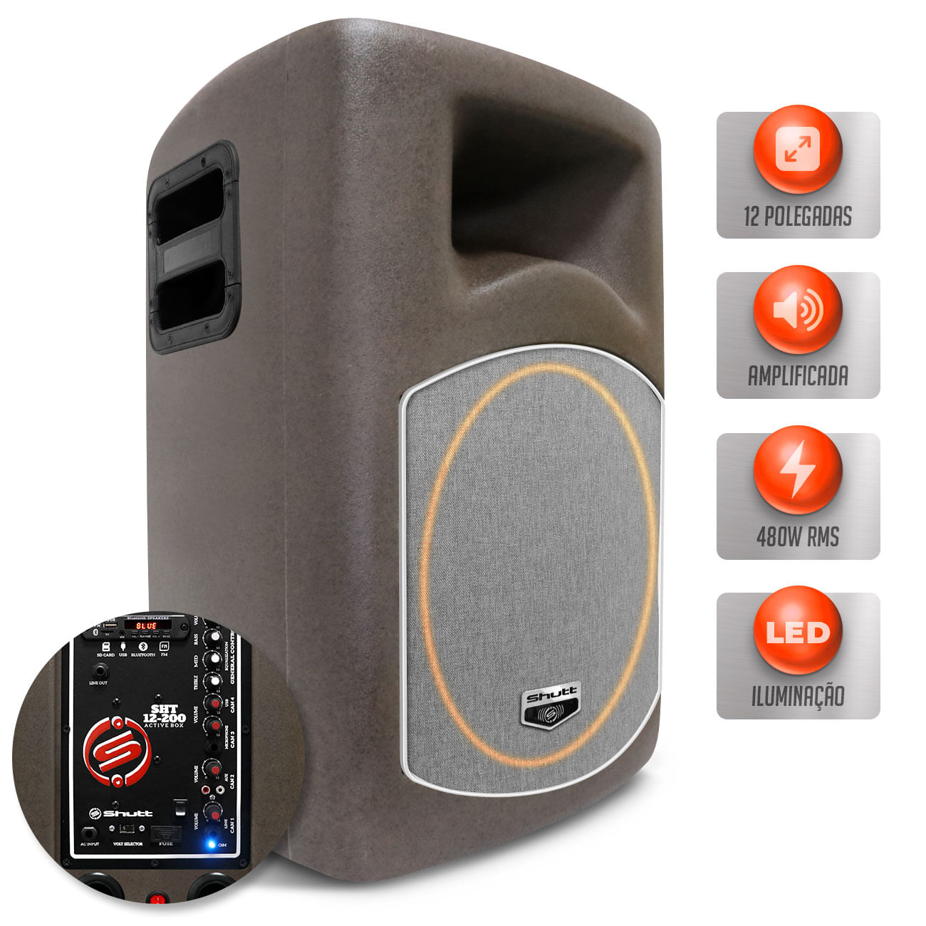 Caixa Som Ativa Shutt Retrô 480W RMS Bi Amplificada Bluetooth USB Rádio FM SD P10 Bivolt Retorno LED