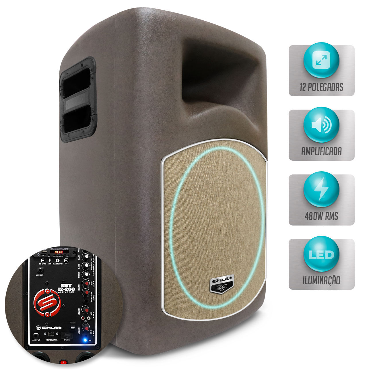 Caixa De Som Ativa Amplificada Shutt Retrô 480w RMS Bivolt P10 Bluetooth USB Completa Retorno LED