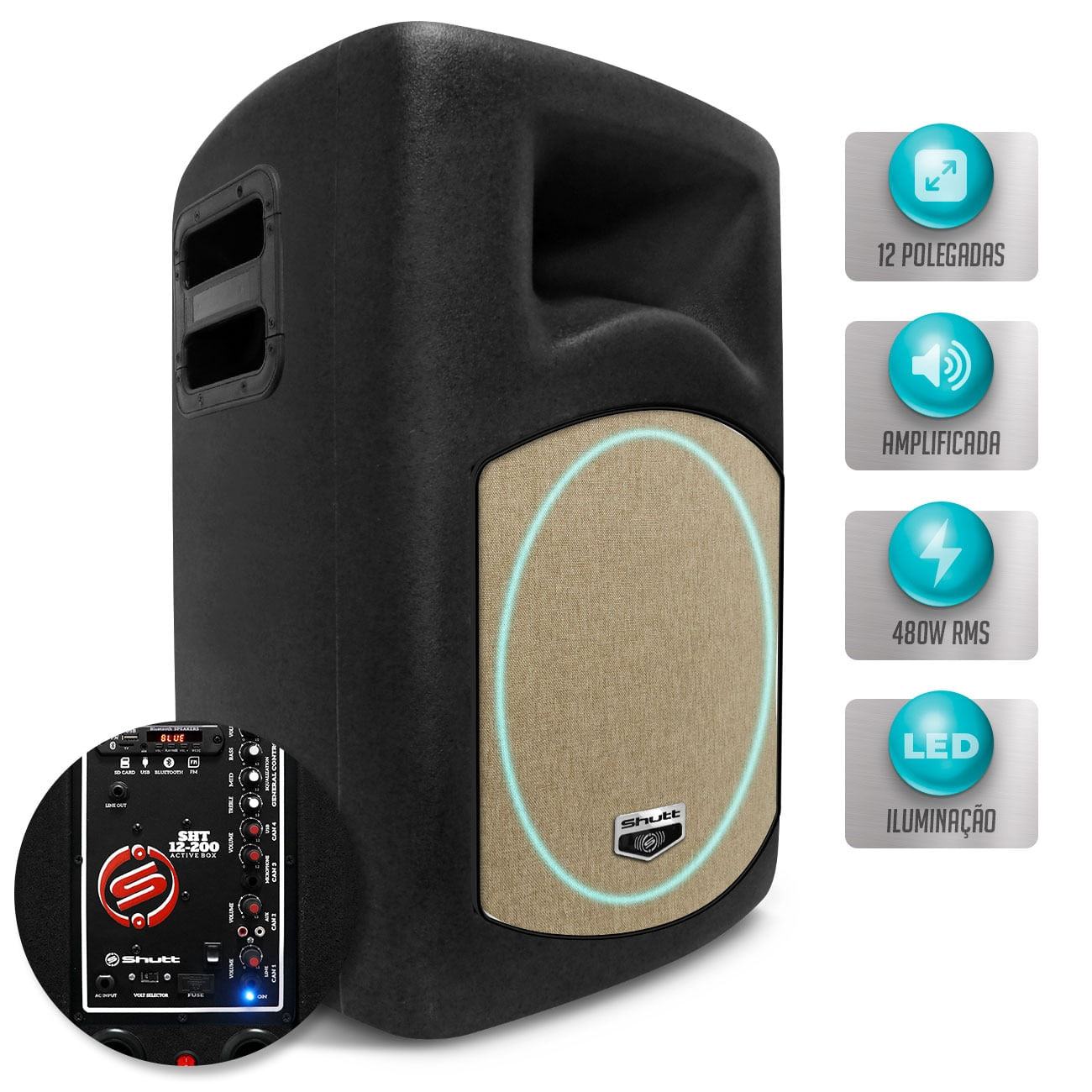 Encontraproduto.com.br - Caixa Som Ativa Bi Amplificada Retrô Shutt LED 480W RMS Woofer 12 Pol Bluetooth USB P10 SD Rádio