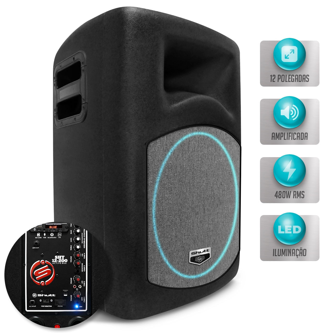 Caixa Som Ativa Shutt Retrô 480W RMS Bluetooth Rádio FM USB P10 Bivolt Ambiente Completa LED