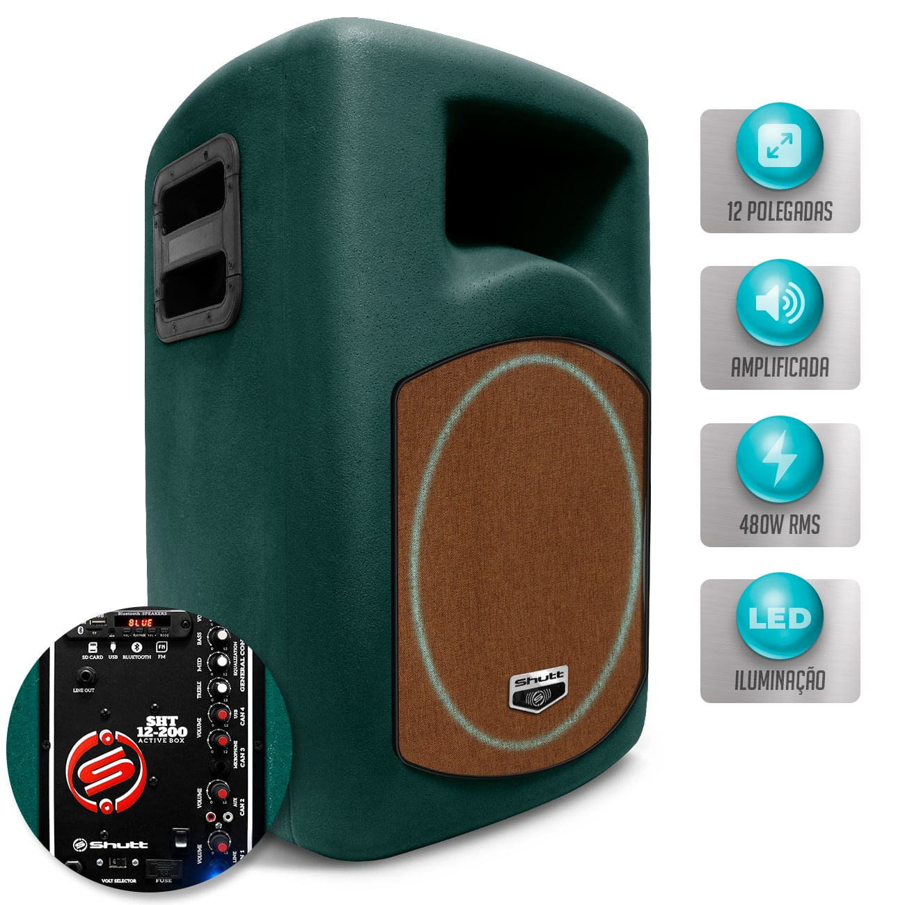 Caixa Som Ativa Shutt Retrô 480W RMS USB Rádio FM Bluetooth P10 Bivolt Ambiente Completa LED