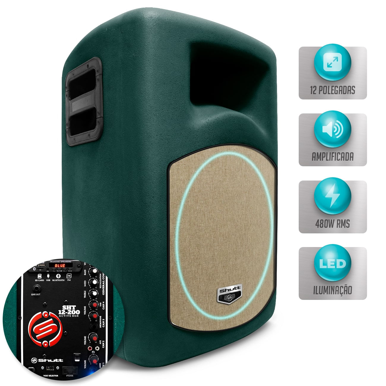 Caixa Som Ativa Shutt Retrô 480W RMS USB Rádio FM P10 Bluetooth Bivolt Ambiente Completa LED