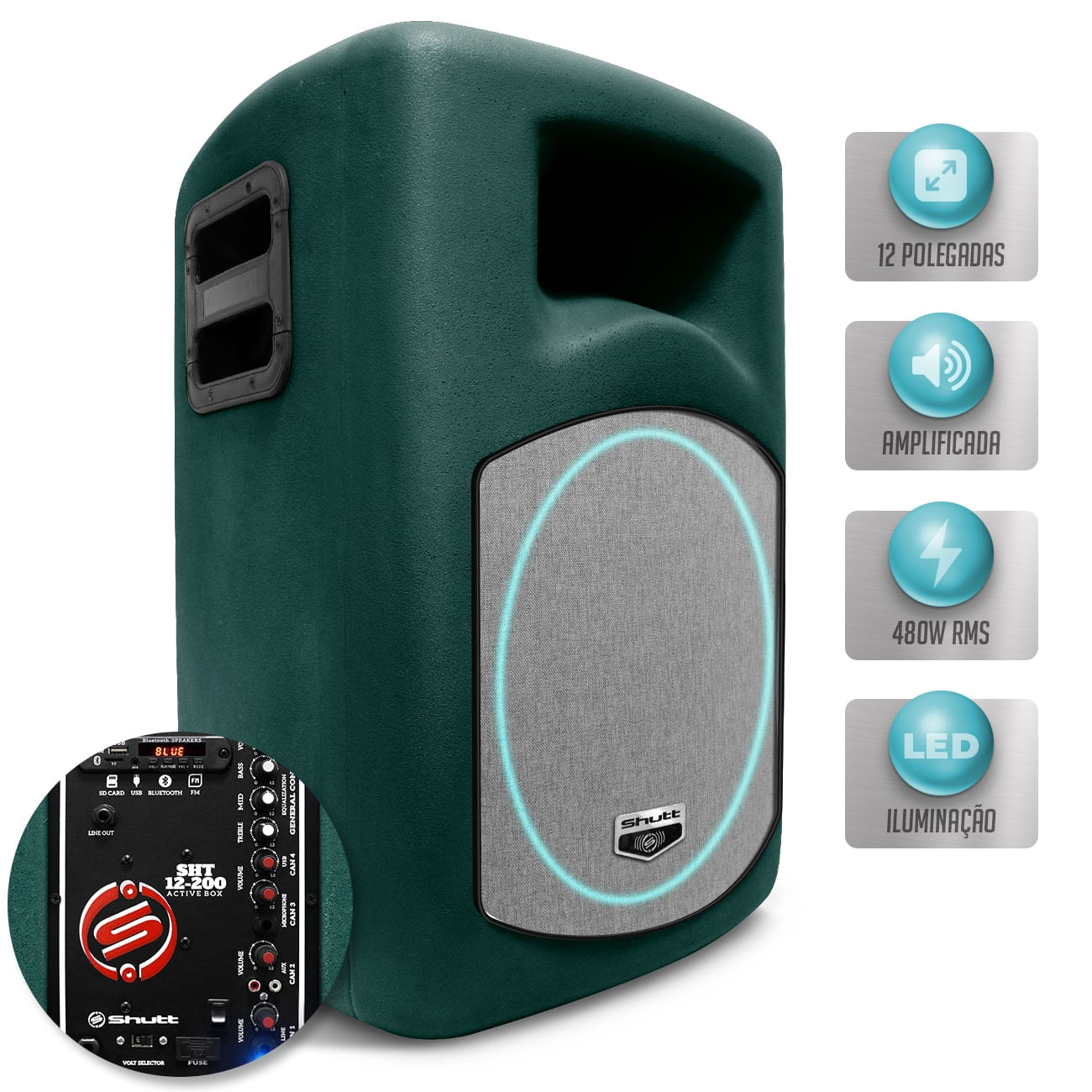 Caixa Som Ativa Shutt Retrô 480W RMS USB P10 Rádio FM Bluetooth Bivolt Ambiente Completa LED