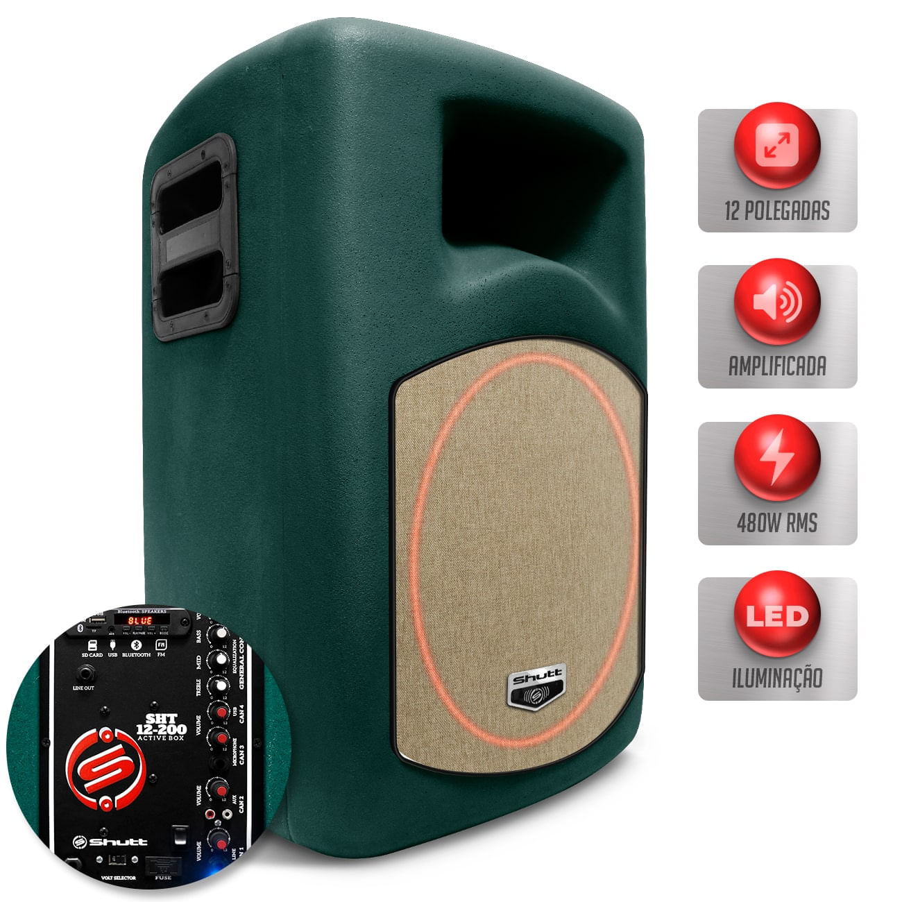 Caixa de Som Ativa Shutt Retrô 480W RMS Rádio FM USB Bluetooth P10 Bivolt Completa Ambiente LED