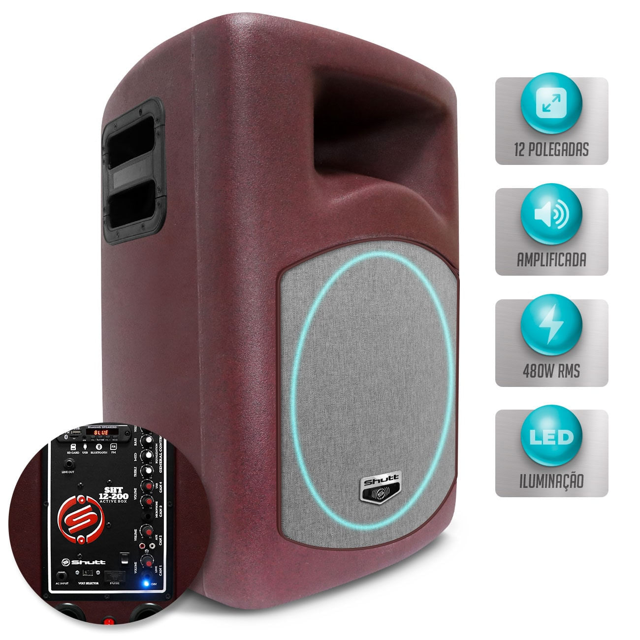 Caixa De Som Ativa Amplificada Shutt 480w RMS Residencial Bluetooth USB SD Entrada P10 Rádio FM LED
