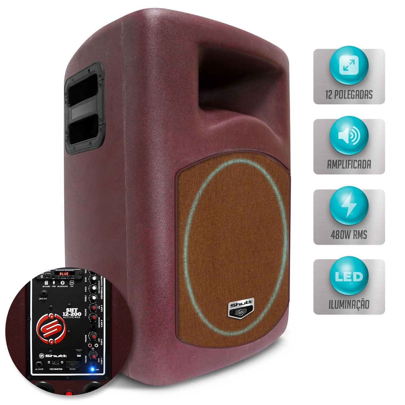 Caixa De Som Ativa Amplificada Shutt Retrô 480w RMS Entrada Microfone P10 Bluetooth USB Bivolt LED