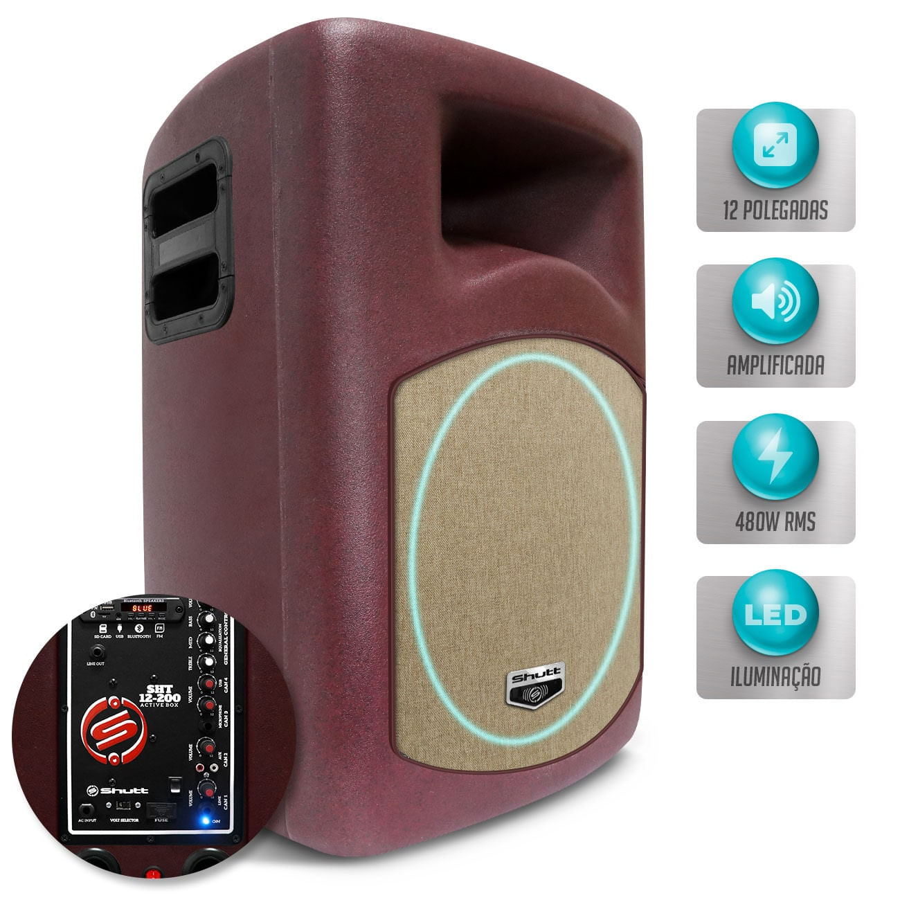 Caixa Som Ativa Bi Amplificada Shutt 480w RMS Retorno Bluetooth USB SD Entrada P10 Rádio LED Complet