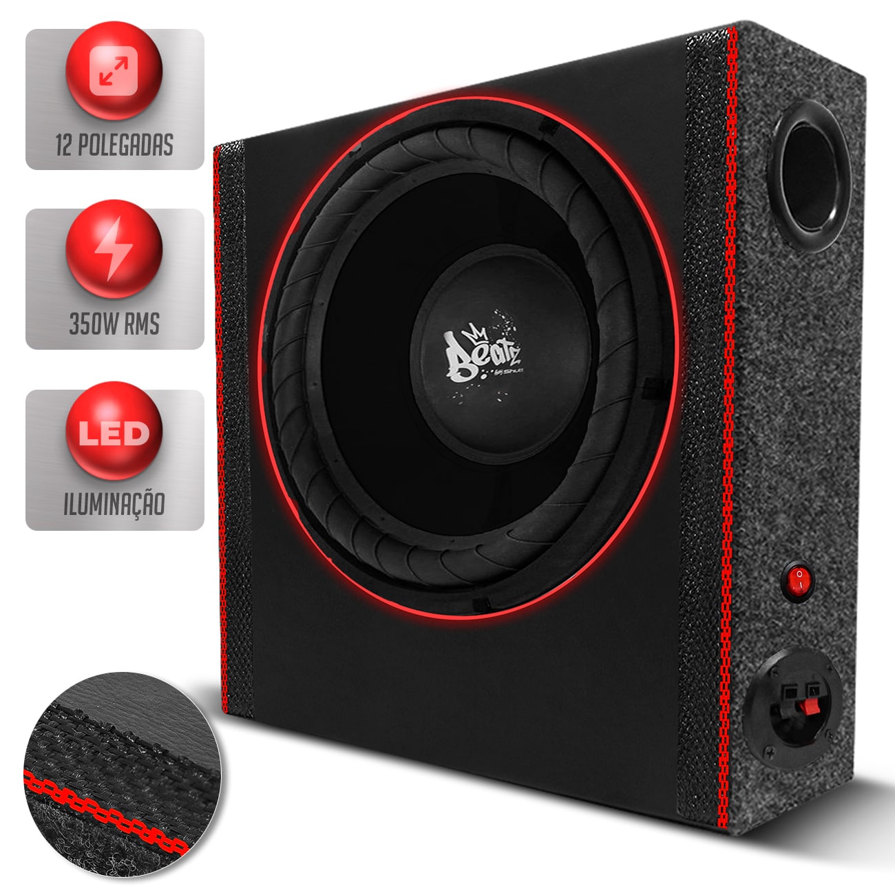 Caixa Som Slim Shutt 350W RMS Subwoofer 12 Pol Beatz Grave Forte Pancadão Embaixo Banco Carro LED
