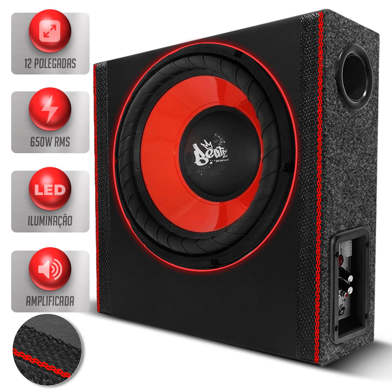 Caixa Som Slim Amplificada Shutt 650w RMS Subwoofer Beatz 12 Pol Grave Pancadão Banco Carro LED