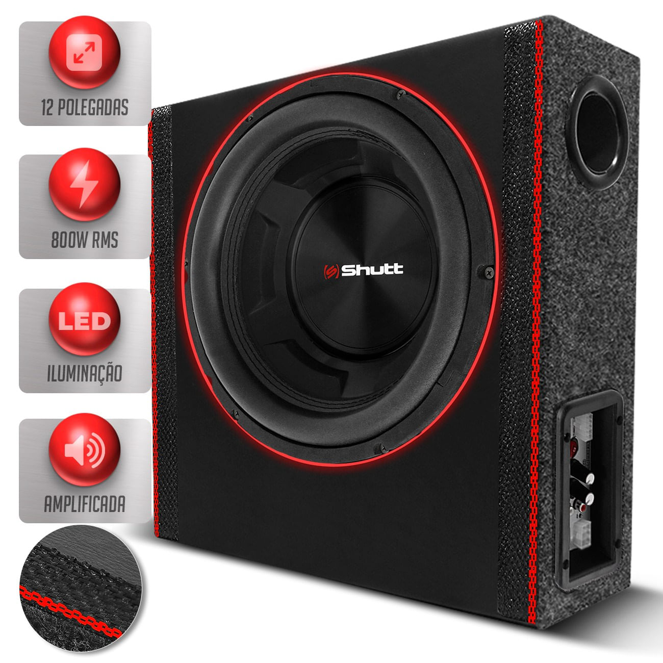 Caixa Som Slim Amplificada Shutt 800w RMS Subwoofer 12 Pol 4D Grave Forte Pancadão Caminhonete LED
